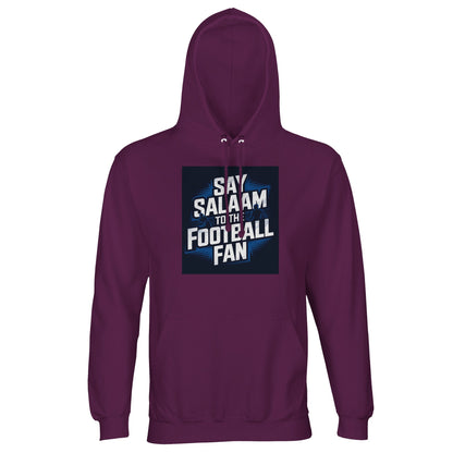 Say Salaam to the Football Fan Design #9 Part-Recycled Unisex Cotton-Poly Hoodie – Astral Purple / Wine Berry with cream football text in a deep square. A modest unisex brushed-fleece hoodie for fans who follow league movement, review Premier League and Champions League calendars. Not the replica kit — this stable, warm layer suits supporters walking to matches, viewing highlights after prayers, analysing midweek fixtures, revisiting crucial goals and keeping football as part of everyday rhythm.
