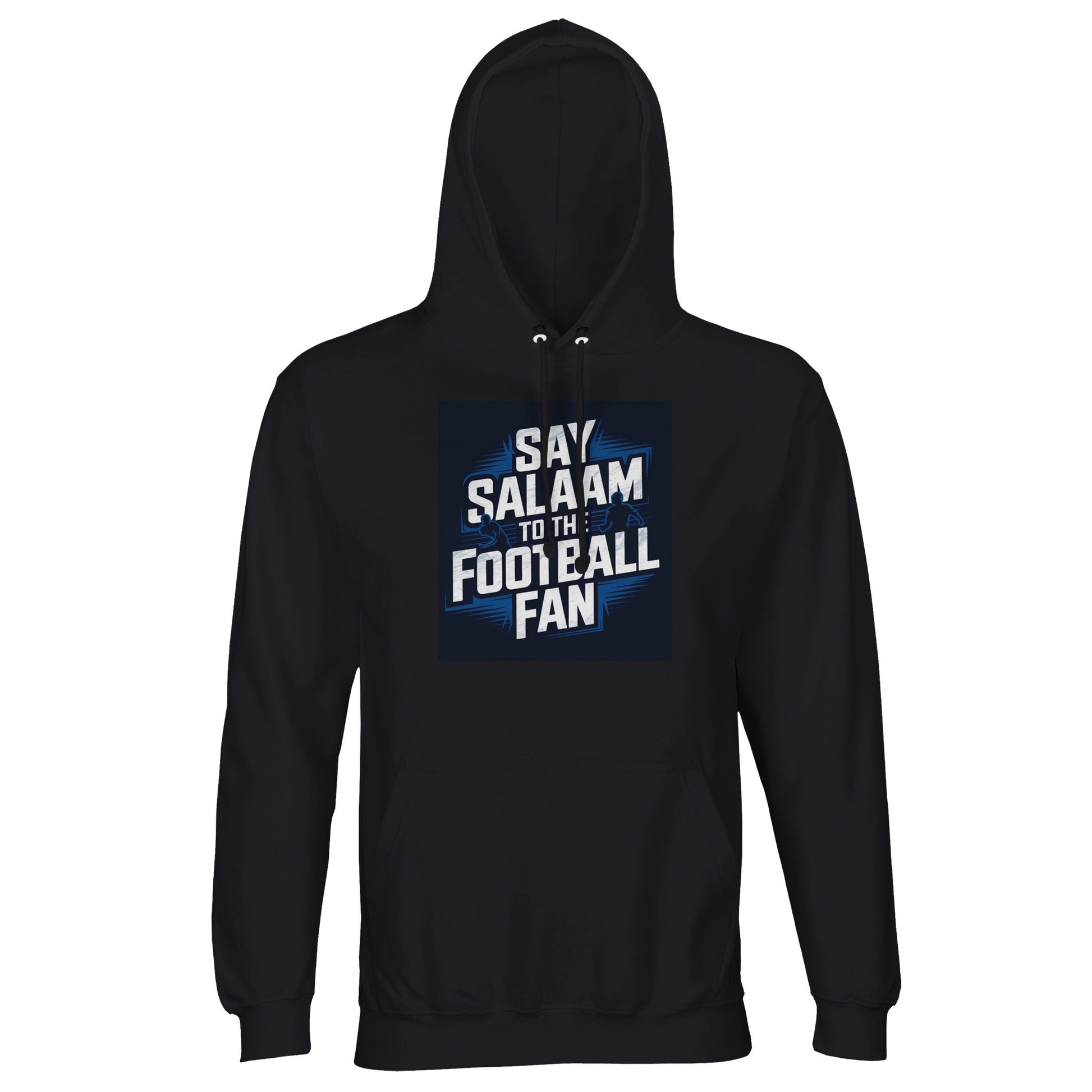 Say Salaam to the Football Fan Design #9 Part-Recycled Unisex Cotton-Poly Hoodie – Deep Black / Zeus featuring clean football text on a dark square. A modest unisex brushed-fleece hoodie for supporters who track league shifts, follow European ties, review match stats, and refresh score apps all week. Not the replica kit — this tough, warm layer suits fans walking to matches, watching highlights after prayers, analysing VAR decisions, and carrying footie loyalty through late fixtures and long seasonal runs.