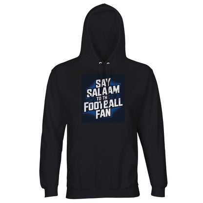 Say Salaam to the Football Fan Design #9 Part-Recycled Unisex Cotton-Poly Hoodie – Deep Black / Zeus featuring clean football text on a dark square. A modest unisex brushed-fleece hoodie for supporters who track league shifts, follow European ties, review match stats, and refresh score apps all week. Not the replica kit — this tough, warm layer suits fans walking to matches, watching highlights after prayers, analysing VAR decisions, and carrying footie loyalty through late fixtures and long seasonal runs.