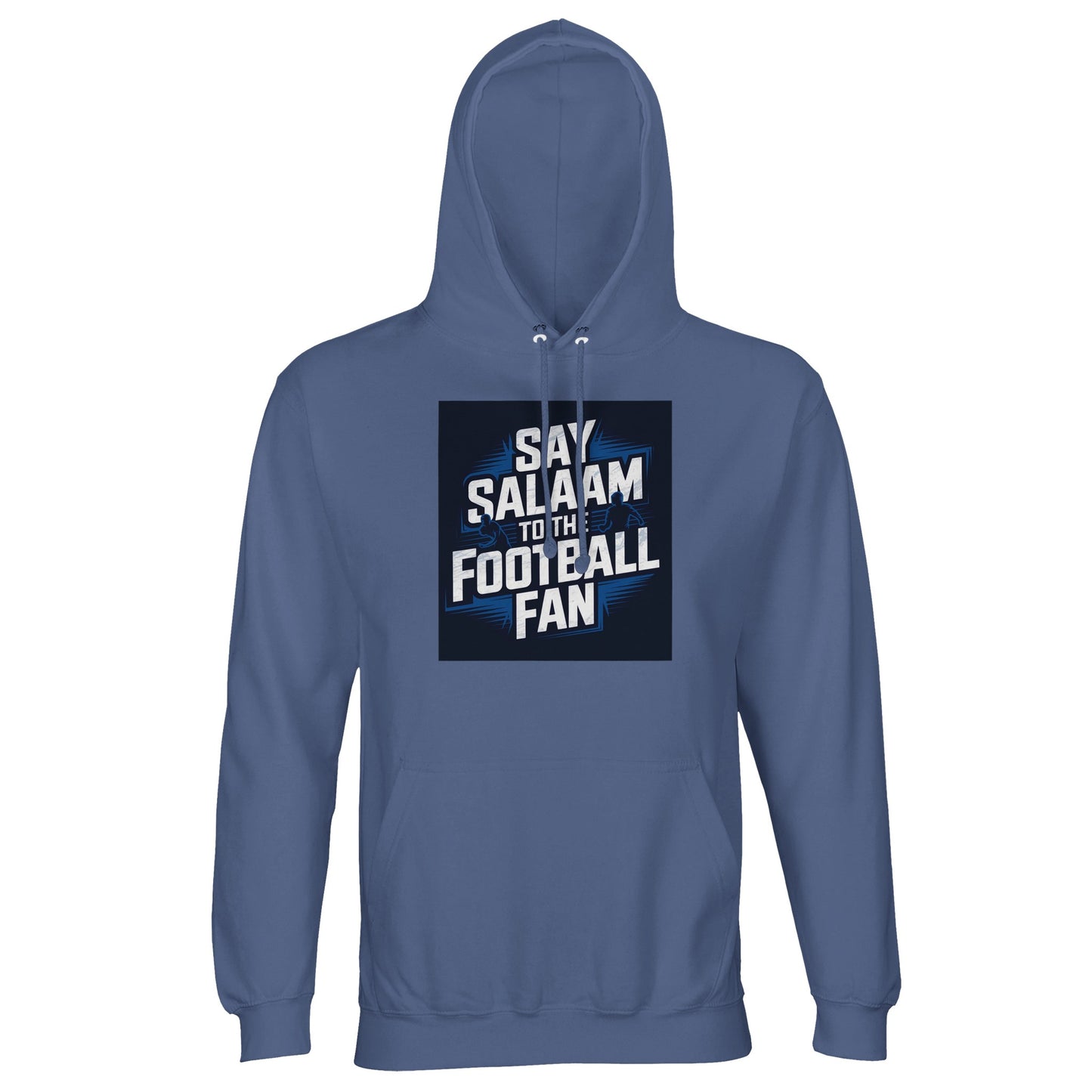 Say Salaam to the Football Fan Design #9 Part-Recycled Unisex Cotton-Poly Hoodie – Blue / Waikawa Grey with clean white football lettering framed in a structured square. A modest unisex brushed-fleece hoodie for league tables, Champions League groups, fixture congestion, form swings and transfer momentum all season. Not the replica kit — this heavy, comfortable layer works for supporters walking home after five-a-side, reviewing match stats after prayers, breaking down tactical shifts, watching highlights.