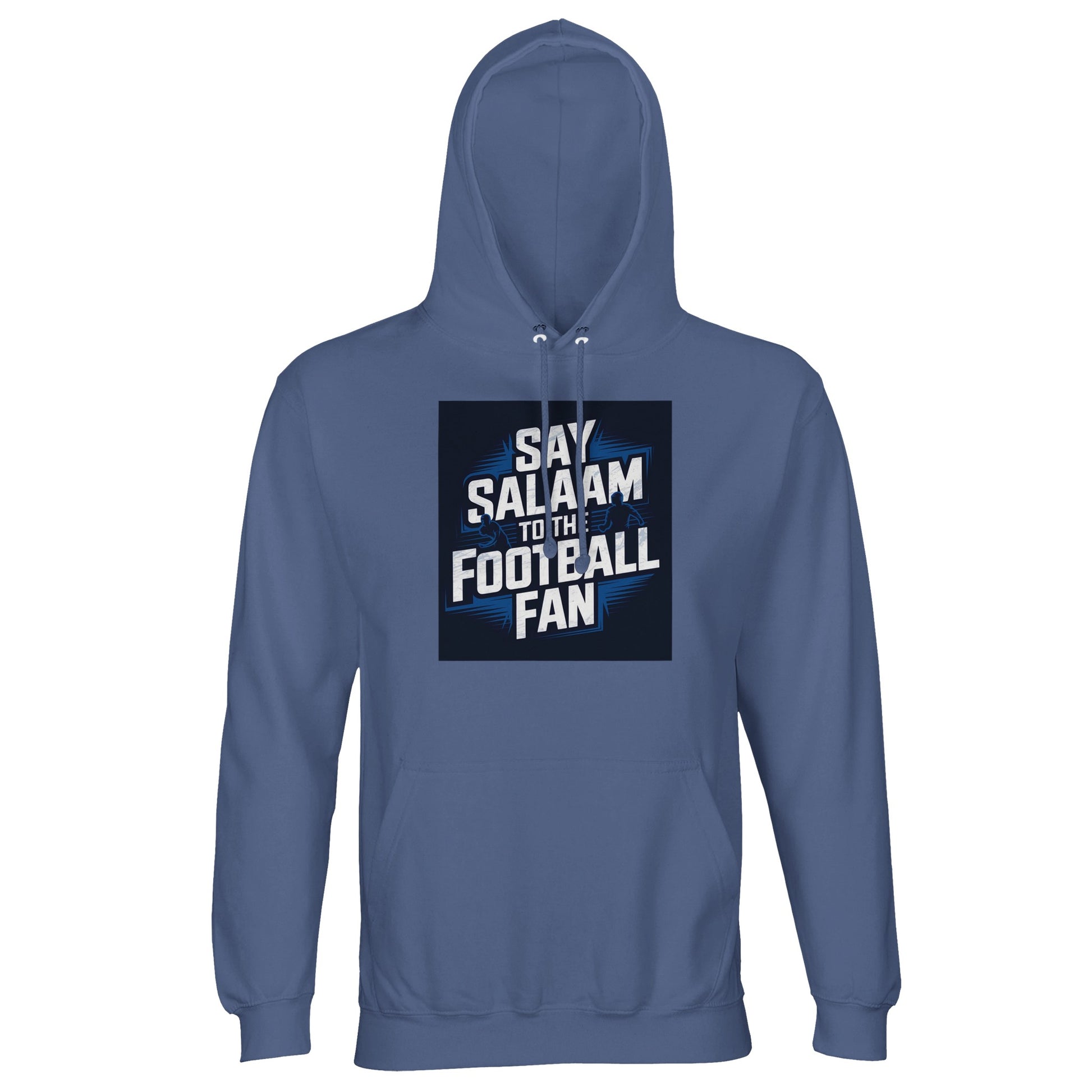 Say Salaam to the Football Fan Design #9 Part-Recycled Unisex Cotton-Poly Hoodie – Blue / Waikawa Grey with clean white football lettering framed in a structured square. A modest unisex brushed-fleece hoodie for league tables, Champions League groups, fixture congestion, form swings and transfer momentum all season. Not the replica kit — this heavy, comfortable layer works for supporters walking home after five-a-side, reviewing match stats after prayers, breaking down tactical shifts, watching highlights.