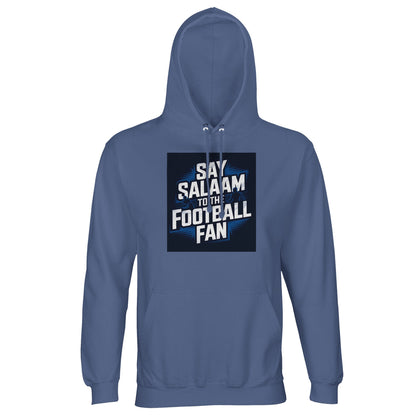 Say Salaam to the Football Fan Design #9 Part-Recycled Unisex Cotton-Poly Hoodie – Blue / Waikawa Grey with clean white football lettering framed in a structured square. A modest unisex brushed-fleece hoodie for league tables, Champions League groups, fixture congestion, form swings and transfer momentum all season. Not the replica kit — this heavy, comfortable layer works for supporters walking home after five-a-side, reviewing match stats after prayers, breaking down tactical shifts, watching highlights.