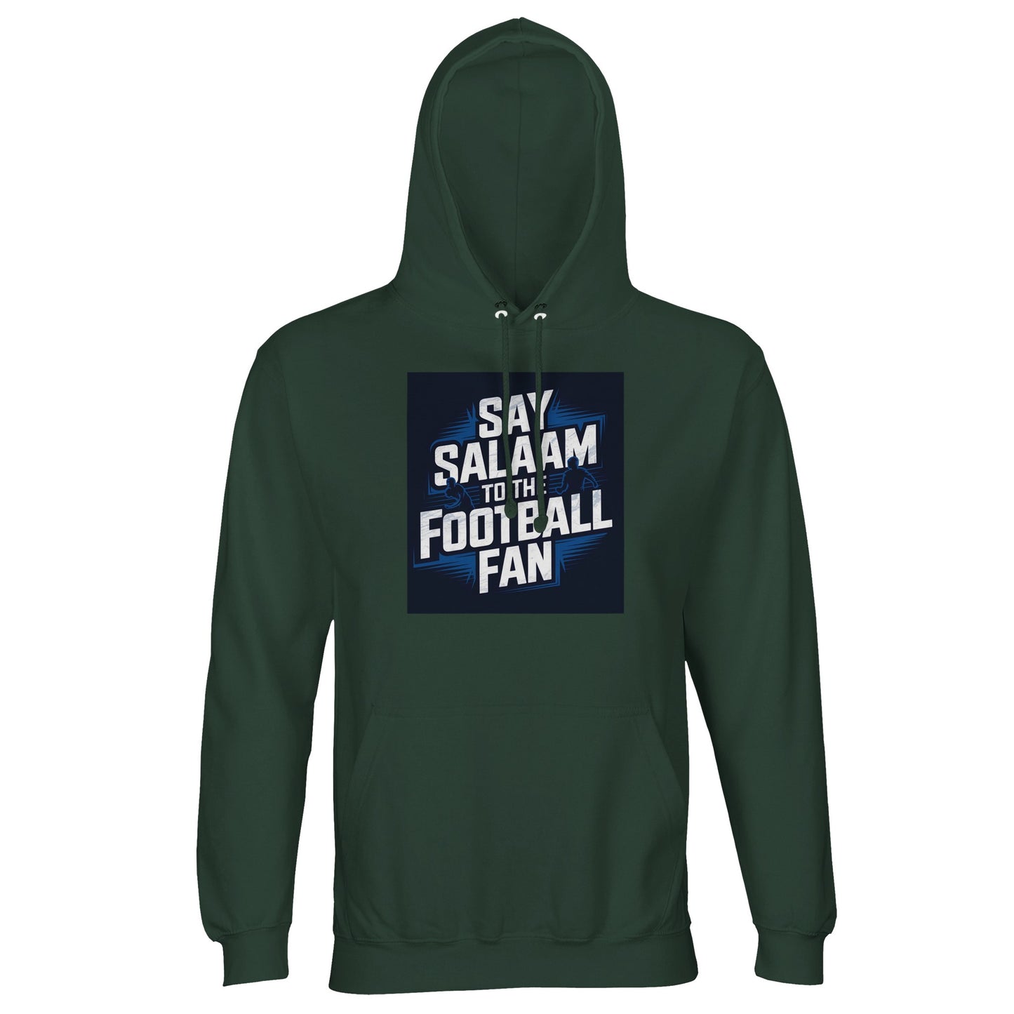Say Salaam to the Football Fan Design #9 Part-Recycled Unisex Cotton-Poly Hoodie – Bottle Green / Outer Space with bold football text in a matchday square. A modest unisex brushed-fleece hoodie for fanatics who follow league tables, track form, watch European nights. Not the replica kit — this warm piece suits supporters walking to local pitches or prayers, analysing match stats, catching extended highlights, following cup draws and keeping football within weekend routines across the season.