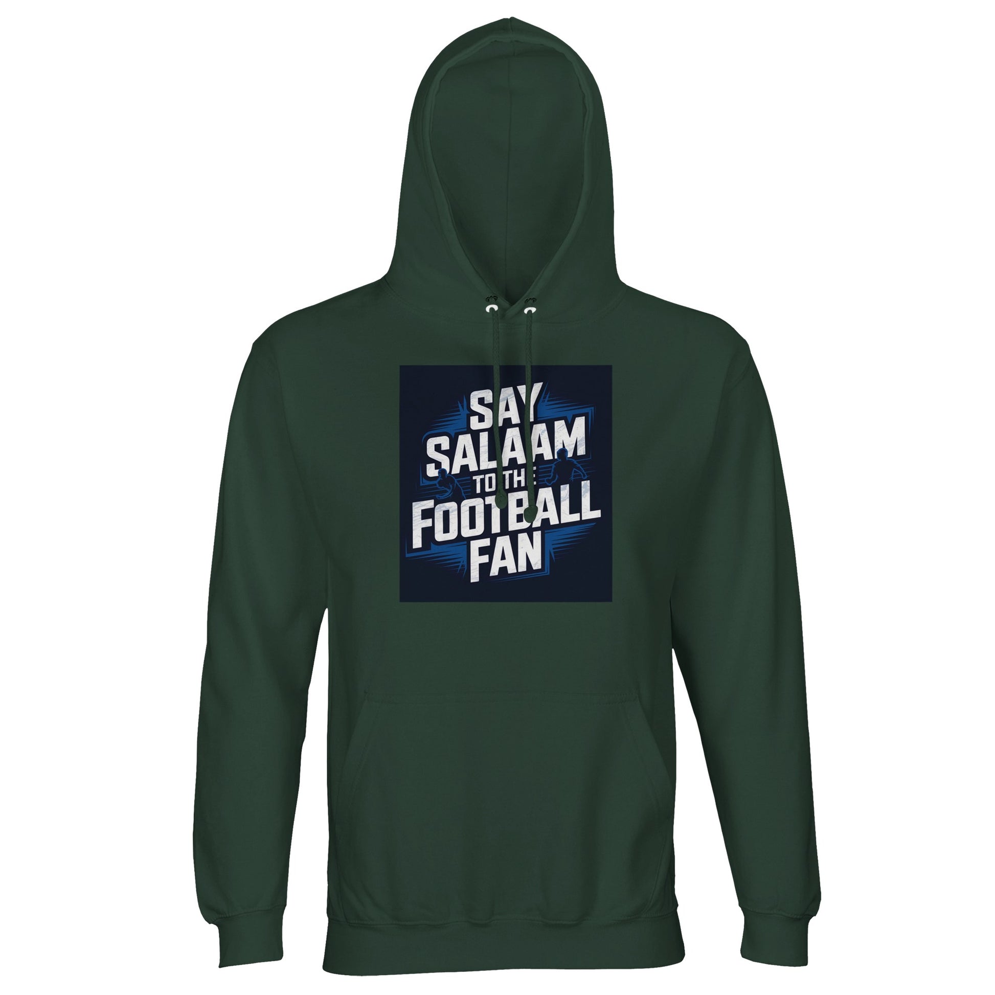 Say Salaam to the Football Fan Design #9 Part-Recycled Unisex Cotton-Poly Hoodie – Bottle Green / Outer Space with bold football text in a matchday square. A modest unisex brushed-fleece hoodie for fanatics who follow league tables, track form, watch European nights. Not the replica kit — this warm piece suits supporters walking to local pitches or prayers, analysing match stats, catching extended highlights, following cup draws and keeping football within weekend routines across the season.