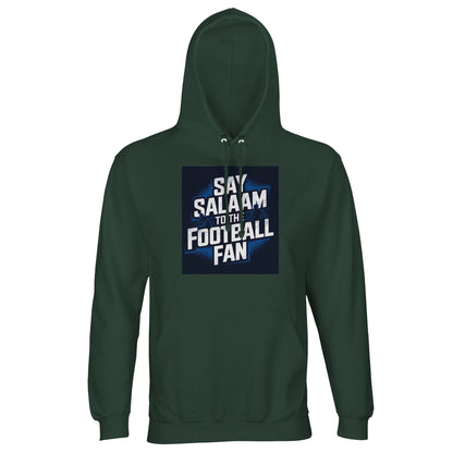 Say Salaam to the Football Fan Design #9 Part-Recycled Unisex Cotton-Poly Hoodie – Bottle Green / Outer Space with bold football text in a matchday square. A modest unisex brushed-fleece hoodie for fanatics who follow league tables, track form, watch European nights. Not the replica kit — this warm piece suits supporters walking to local pitches or prayers, analysing match stats, catching extended highlights, following cup draws and keeping football within weekend routines across the season.