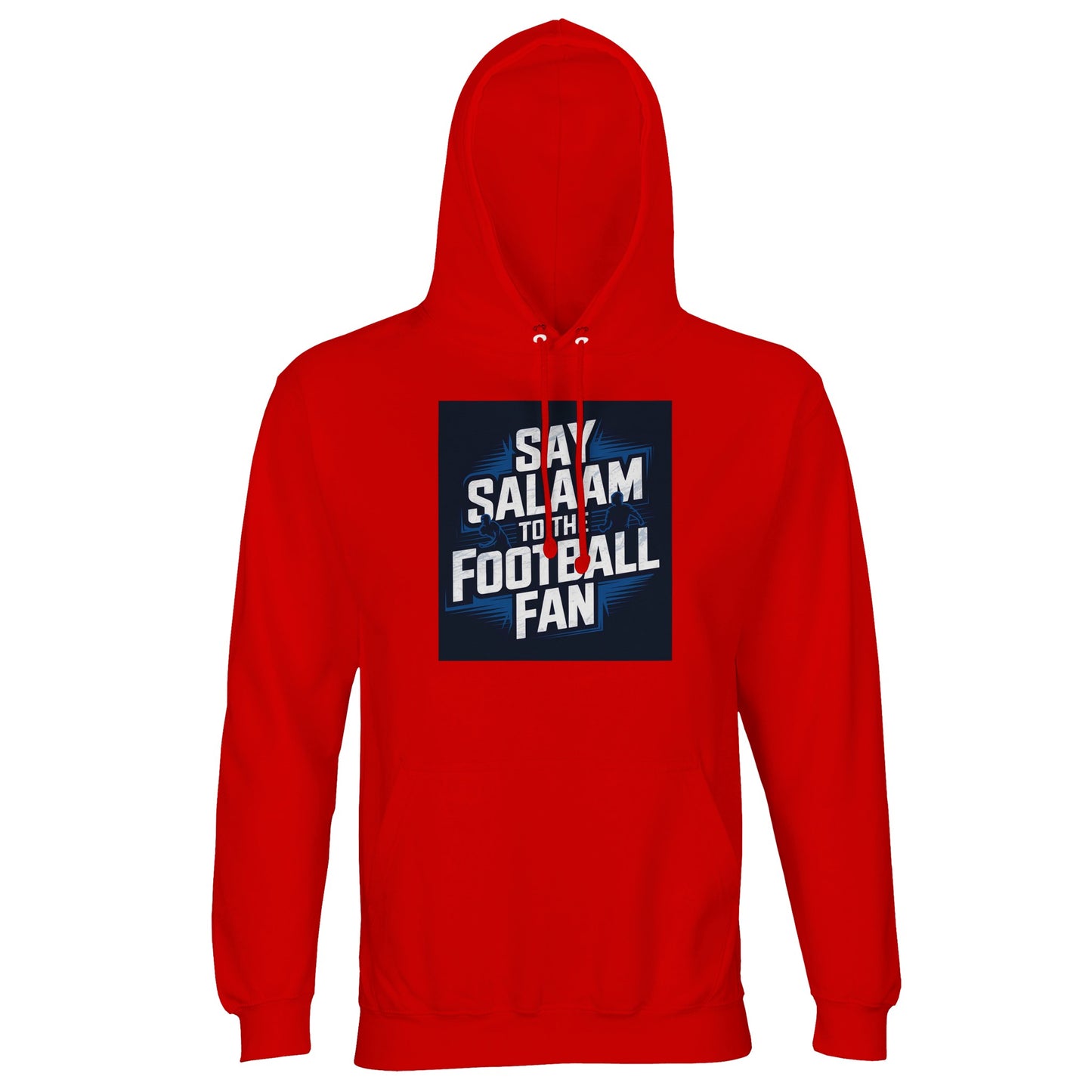 Say Salaam to the Football Fan Design #9 Part-Recycled Unisex Cotton-Poly Hoodie – Bright Red / Rosso Corsa featuring white football text inside a punchy squared layout. A modest unisex brushed-fleece hoodie for fans who thrive on derbies and title-races. Not the replica kit — this warm, durable hoodie suits supporters heading to five-a-side, prayers, watching highlights, reviewing European results and carrying football identity through weekday routine, travel, weekend matches and late-night replays.