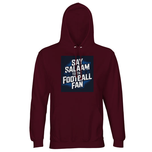 Say Salaam to the Football Fan Design #9 Part-Recycled Unisex Cotton-Poly Hoodie – Burgundy / Dark Sienna with cream football text in a shadowed square. A modest unisex brushed-fleece hooded pullover. Not the replica kit — this warm, steady layer suits supporters walking home from matches, catching replays after prayers, discussing weekend fixtures, reviewing tables, studying Champions League results and keeping football alive in daily routine, training nights and cold terraces.