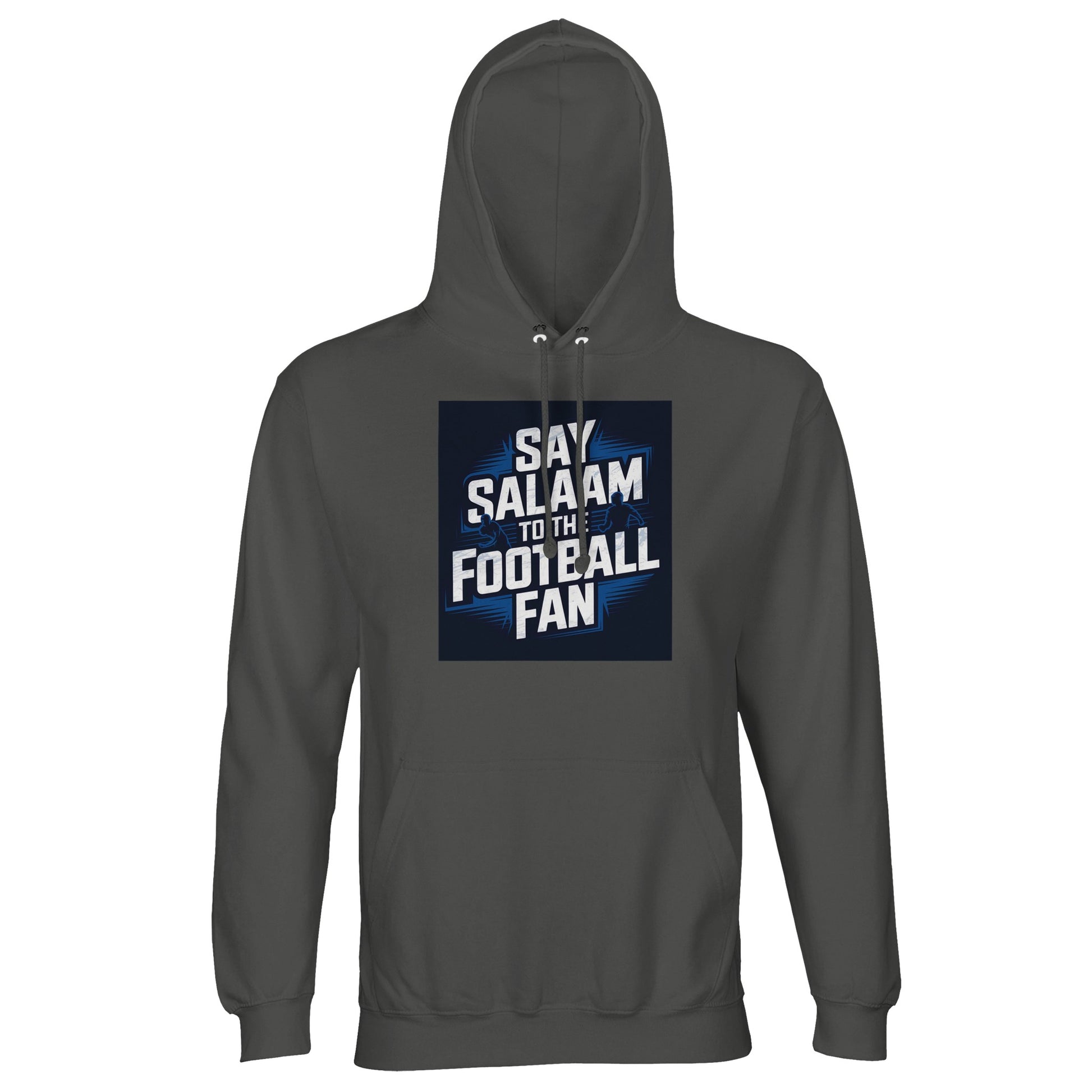 Say Salaam to the Football Fan Design #9 Part-Recycled Unisex Cotton-Poly Hoodie – Charcoal Melange / Black Cow with stadium-shadow layering behind clean text. A modest unisex brushed-fleece hoodie for supporters who follow Premier League and Champions League, analyse pressing structure, watch tactical breakdowns and refresh match apps nonstop. Not the replica kit — this steady layer suits fans walking home after training, checking results after prayers, revisiting classic goals.
