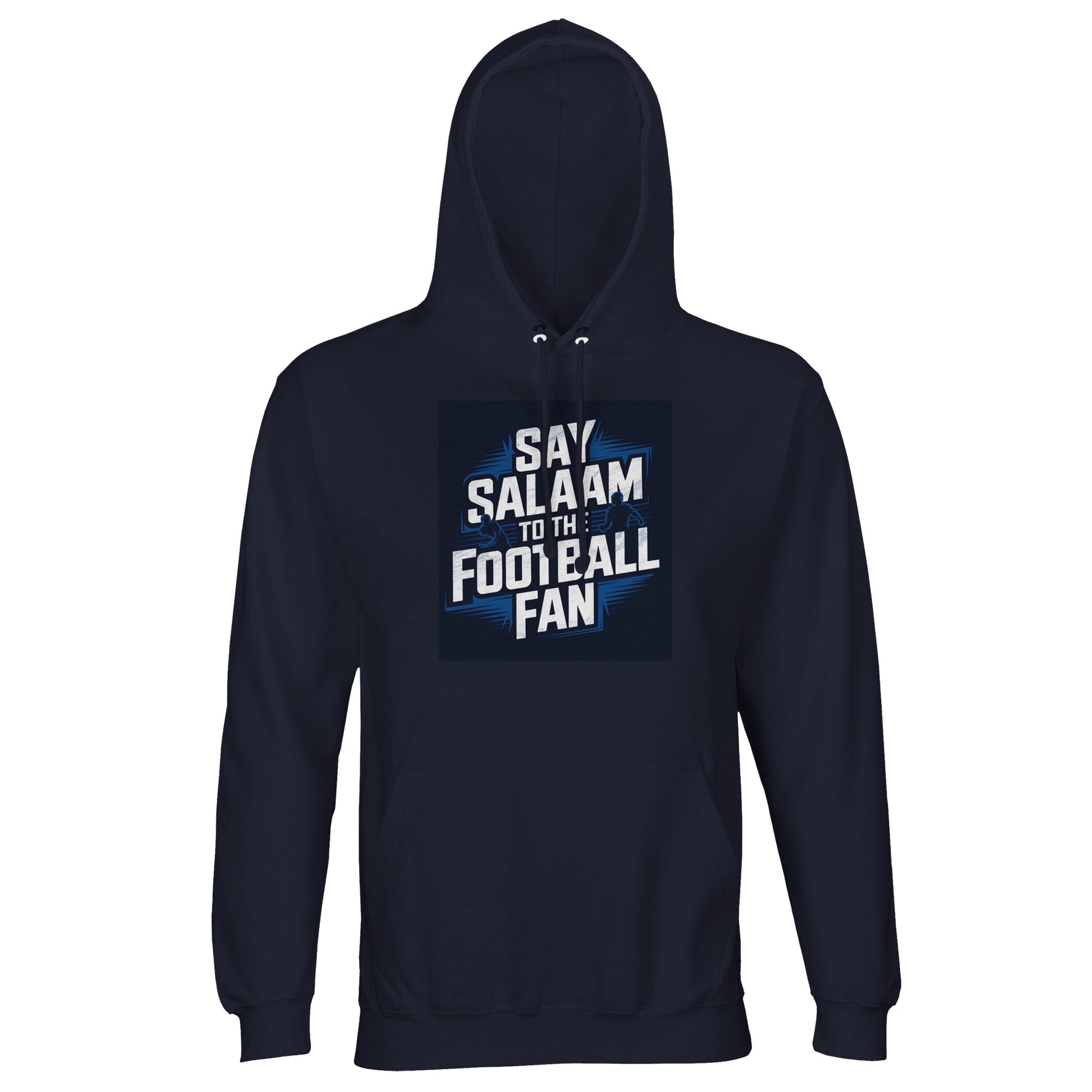 Say Salaam to the Football Fan Design #9 Part-Recycled Unisex Cotton-Poly Hoodie – French Navy / Ebony Clay with crisp white matchday lettering and subtle field-line accents. A modest unisex brushed-fleece hoodie for fans who refresh tables, check fixtures, follow European knockouts and monitor title-race tension. Not the replica kit — this dependable layer suits supporters heading to evening matches and prayers, discussing team form, studying Champions League draws and keeping football central.