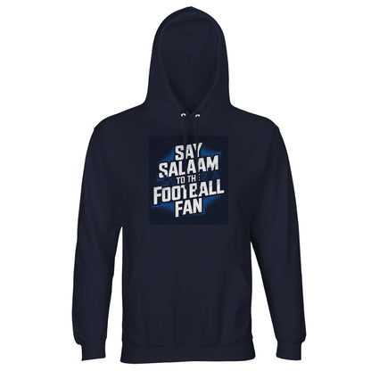 Say Salaam to the Football Fan Design #9 Part-Recycled Unisex Cotton-Poly Hoodie – French Navy / Ebony Clay with crisp white matchday lettering and subtle field-line accents. A modest unisex brushed-fleece hoodie for fans who refresh tables, check fixtures, follow European knockouts and monitor title-race tension. Not the replica kit — this dependable layer suits supporters heading to evening matches and prayers, discussing team form, studying Champions League draws and keeping football central.