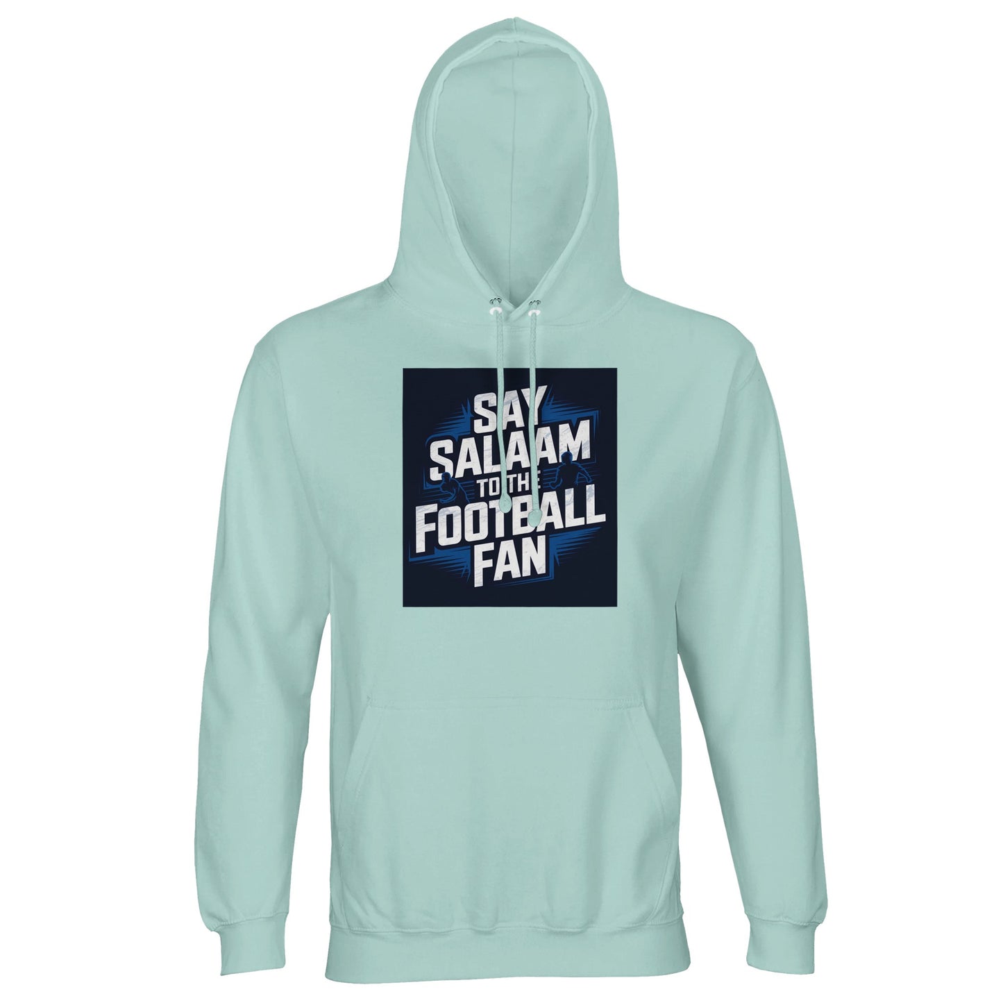 Arctic Blue / Cadet Blue Say Salaam to the Football Fan hoodie for men and women, lightweight cotton-poly fabric featuring a bold football stadium graphic. Designed for modest Muslim wear and everyday adult warm streetwear. Available in unisex sizes XS, Small, Medium, Large to XL, 2XL, 3XL, 4XL, 5XL. Ideal for football fans supporting a favourite team, wearing cool-toned club colours, watching matches at home, travelling, or buying new fan clothing at a good price with a clean, modern, well-fitted look.