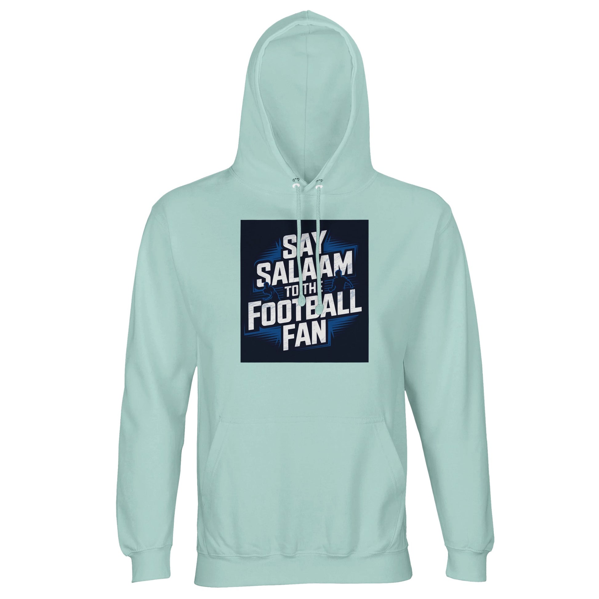 Arctic Blue / Cadet Blue Say Salaam to the Football Fan hoodie for men and women, lightweight cotton-poly fabric featuring a bold football stadium graphic. Designed for modest Muslim wear and everyday adult warm streetwear. Available in unisex sizes XS, Small, Medium, Large to XL, 2XL, 3XL, 4XL, 5XL. Ideal for football fans supporting a favourite team, wearing cool-toned club colours, watching matches at home, travelling, or buying new fan clothing at a good price with a clean, modern, well-fitted look.