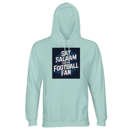 Arctic Blue / Cadet Blue Say Salaam to the Football Fan hoodie for men and women, lightweight cotton-poly fabric featuring a bold football stadium graphic. Designed for modest Muslim wear and everyday adult warm streetwear. Available in unisex sizes XS, Small, Medium, Large to XL, 2XL, 3XL, 4XL, 5XL. Ideal for football fans supporting a favourite team, wearing cool-toned club colours, watching matches at home, travelling, or buying new fan clothing at a good price with a clean, modern, well-fitted look.