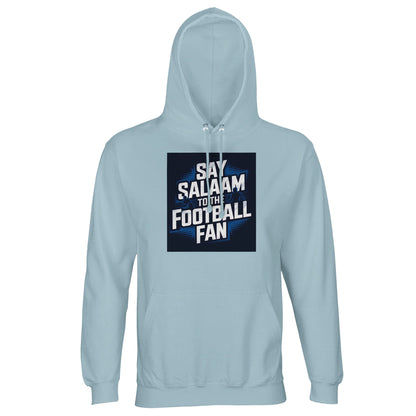Creamy Blue / Blue-Grey / Waikawa Grey Say Salaam to the Football Fan hoodie for men and women, soft cotton-poly blend with stadium football artwork. Designed for modest Muslim wear and relaxed adult street style. Unisex fit XS, Small, Medium, Large to XL, 2XL, 3XL, 4XL, 5XL. A versatile football hooded pullover for fans following clubs, FCs, and leagues, choosing neutral fanwear colours, buying everyday hoodies at a fair price, or gifting supporters who prefer subtle tones with clear football identity.