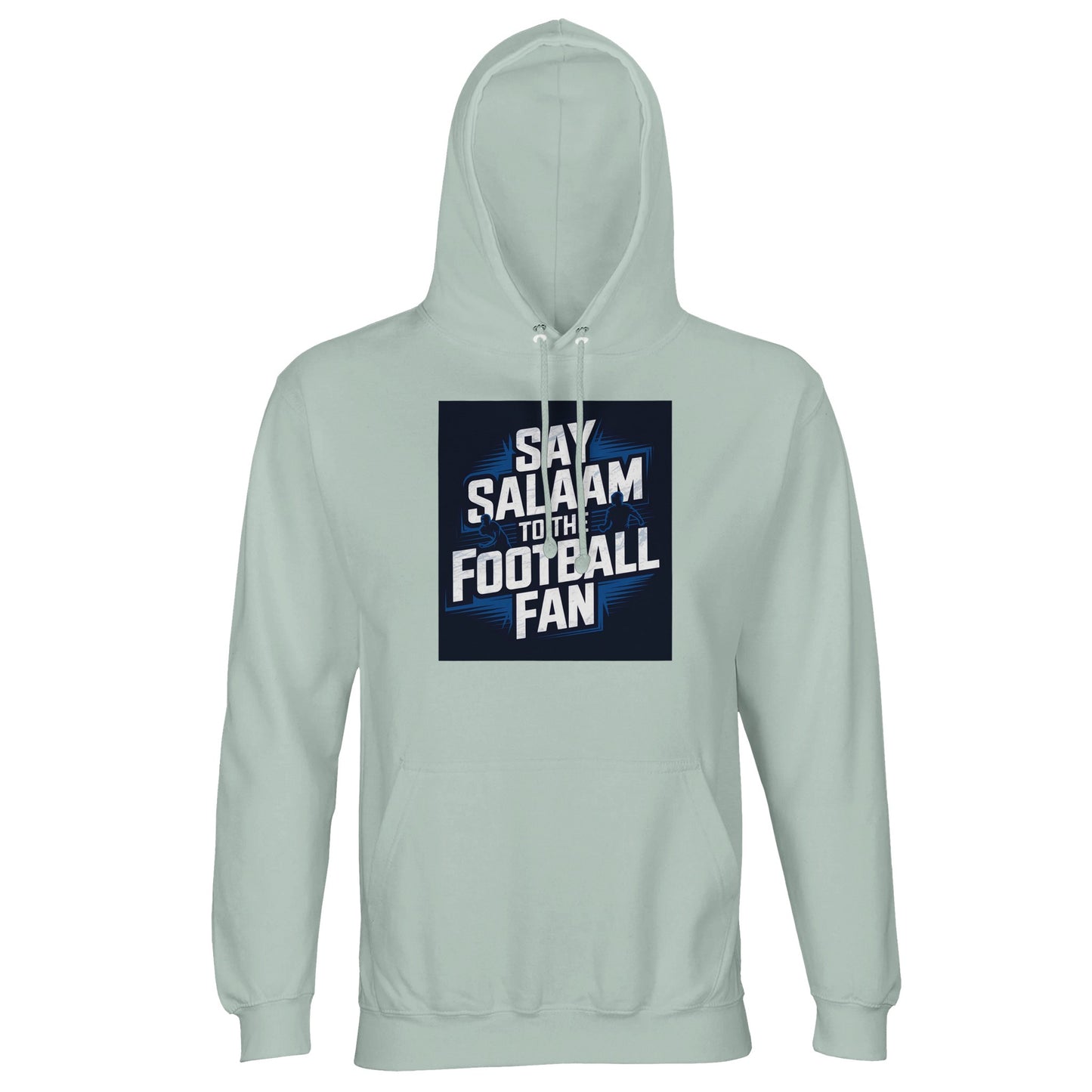 Creamy Green / Greenish Grey Say Salaam to the Football Fan hoodie for men and women, lightweight cotton-poly fabric with bold stadium football design. Created for modest Muslim wear and adult casual outfits. Available in unisex sizes XS, Small, Medium, Large to XL, 2XL, 3XL, 4XL, 5XL. Suitable for football supporters backing a team or FC, wearing softer green tones, following fixtures, shopping for new fanwear at a good price, or gifting fans who value comfort and identity.