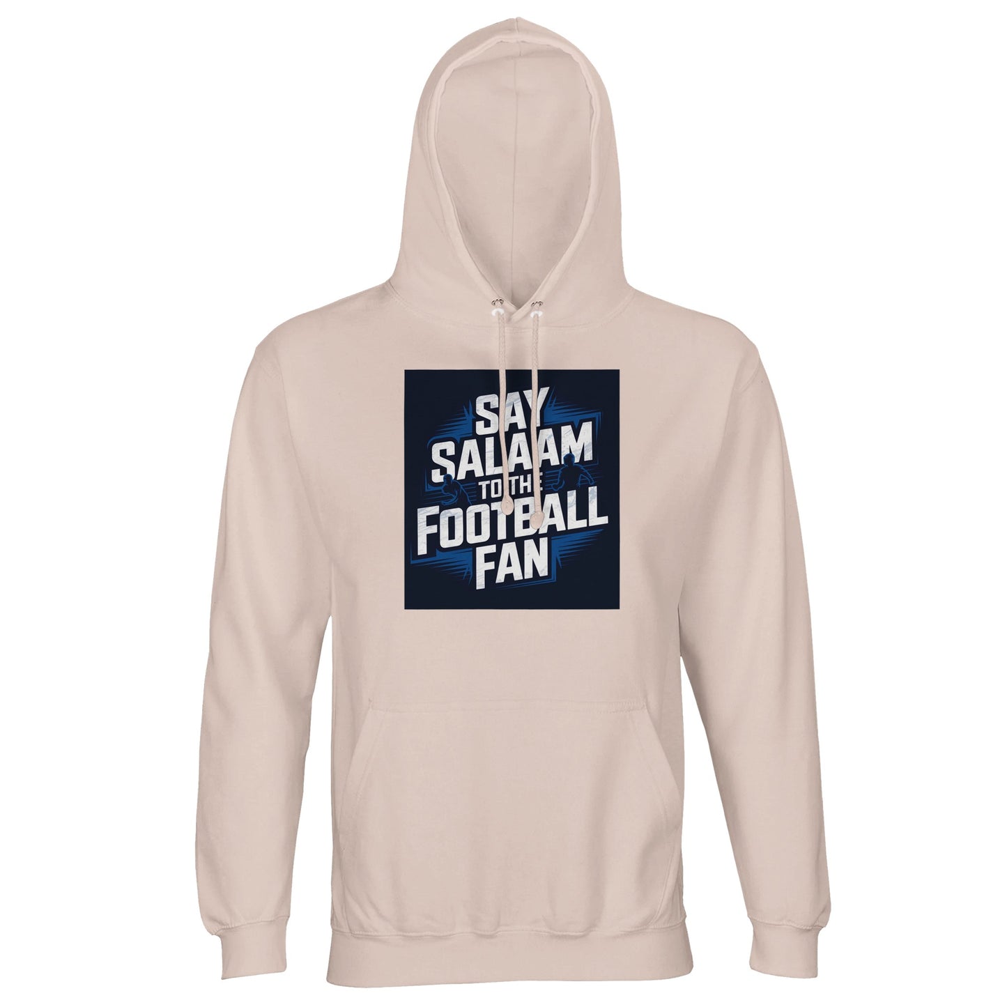 Creamy Pink / Oyster Pink Say Salaam to the Football Fan hoodie for men and women, light cotton-poly hoodie with stadium football graphic. Designed for modest Muslim wear and inclusive adult street fashion. Unisex sizing XS to 5XL. Ideal for football fans supporting clubs or FCs, choosing softer colourways, buying new hoodies at an accessible price, or gifting supporters who enjoy football culture with a distinctive, contemporary look.
