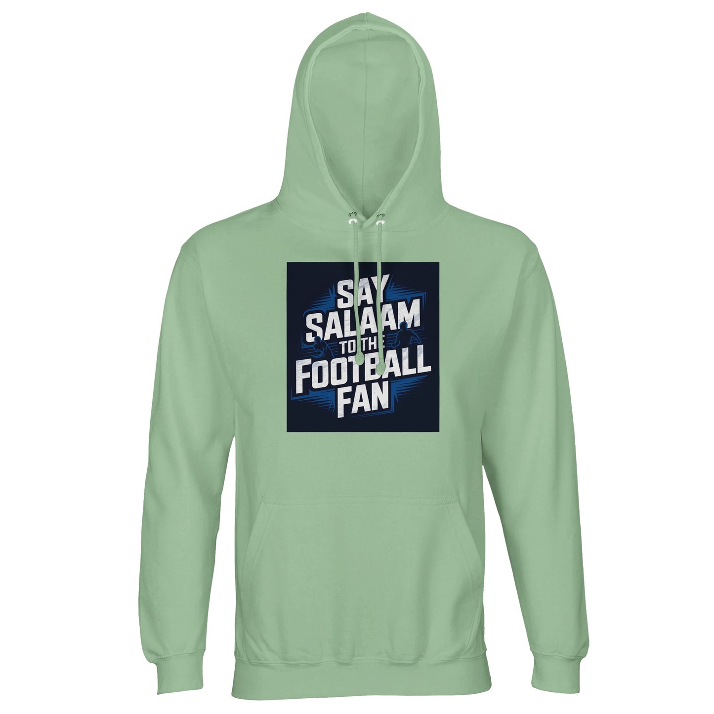 Frozen Green / Opal Say Salaam to the Football Fan hoodie for men and women, lightweight cotton-poly fabric featuring a clean football stadium design. Hooded pullover built for modest Muslim wear and everyday adult use. Available in unisex sizes XS to XL, 2XL, 3XL, 4XL and 5XL. A practical choice for football fans following local teams, big leagues, and FCs, wearing fresh neutral greens, shopping for new fanwear at a fair price, or gifting supporters across seasons.