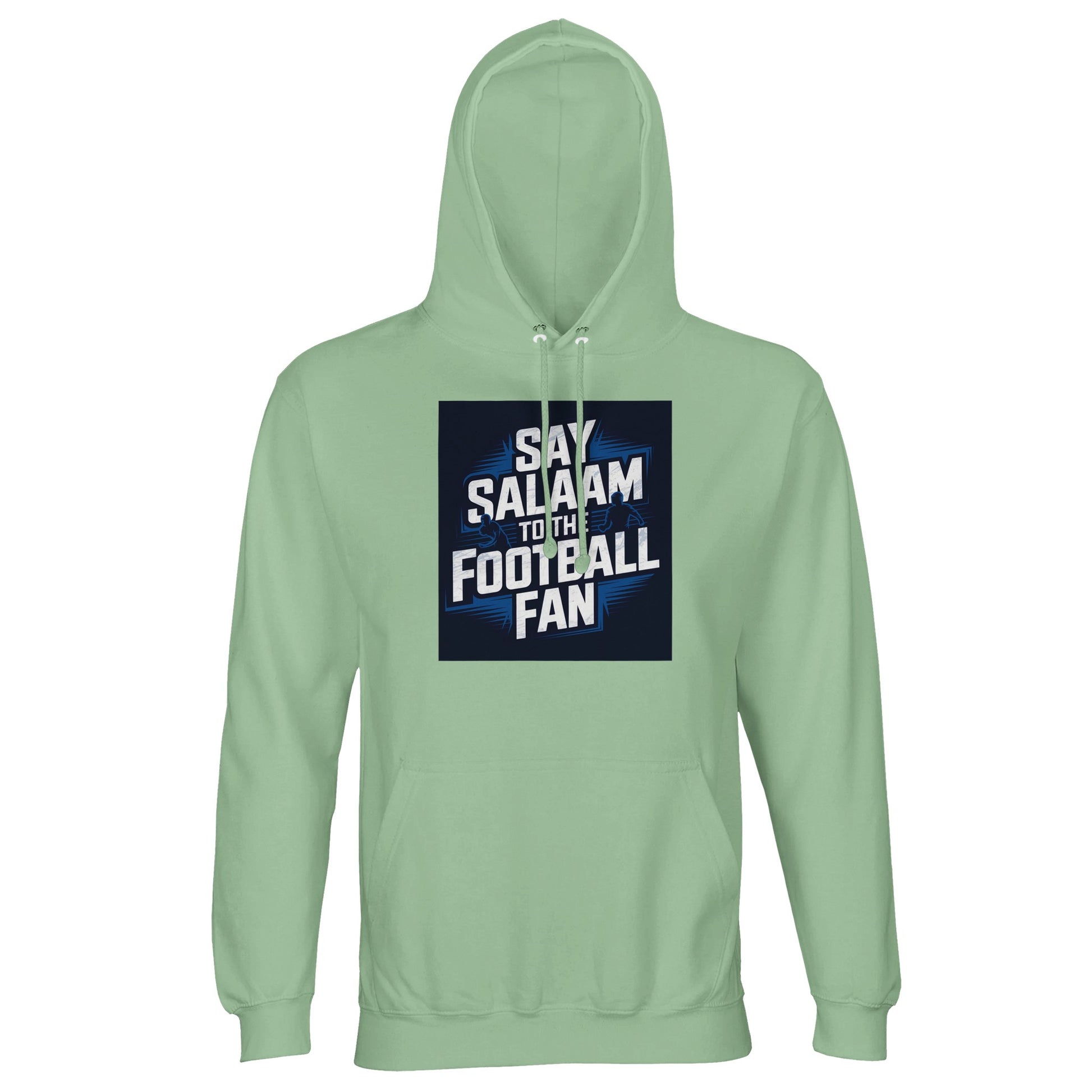 Frozen Green / Opal Say Salaam to the Football Fan hoodie for men and women, lightweight cotton-poly fabric featuring a clean football stadium design. Hooded pullover built for modest Muslim wear and everyday adult use. Available in unisex sizes XS to XL, 2XL, 3XL, 4XL and 5XL. A practical choice for football fans following local teams, big leagues, and FCs, wearing fresh neutral greens, shopping for new fanwear at a fair price, or gifting supporters across seasons.
