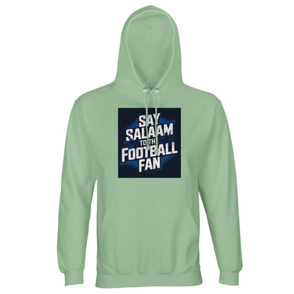 Frozen Green / Opal Say Salaam to the Football Fan hoodie for men and women, lightweight cotton-poly fabric featuring a clean football stadium design. Hooded pullover built for modest Muslim wear and everyday adult use. Available in unisex sizes XS to XL, 2XL, 3XL, 4XL and 5XL. A practical choice for football fans following local teams, big leagues, and FCs, wearing fresh neutral greens, shopping for new fanwear at a fair price, or gifting supporters across seasons.