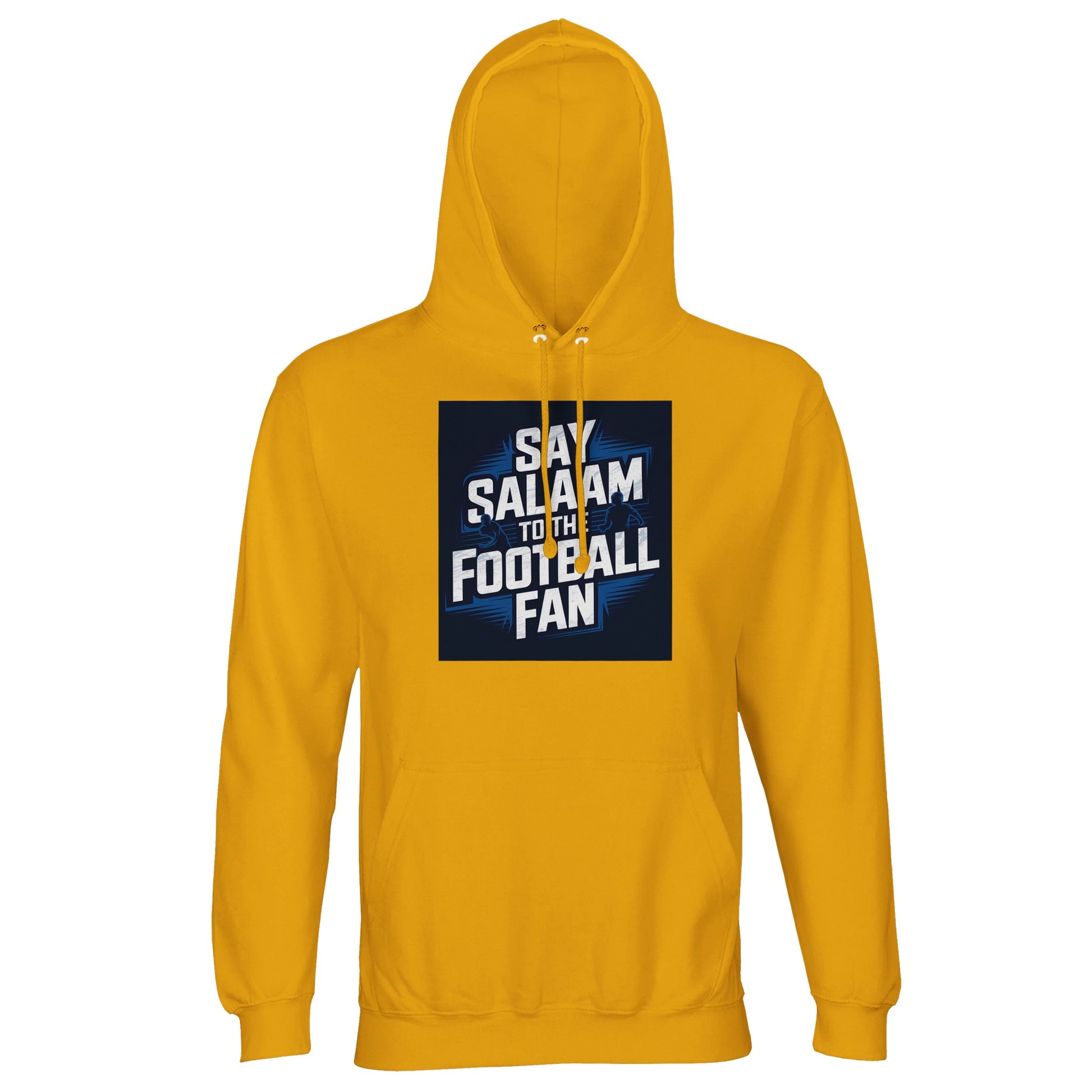 Gold / Gamboge Say Salaam to the Football Fan hoodie for men and women, lightweight cotton-poly fabric with bold football stadium graphic. Designed for modest Muslim wear and everyday adult streetwear, suitable for casual outfits, match days, and relaxed weekends. Offered in unisex sizing XS, Small, Large, XL, to 4XL, 5XL. Ideal for football supporters backing a 5-a-side team or FC, wearing standout colours, buying good price new hoodies, or gifting fans who combine football culture with faith-led style.