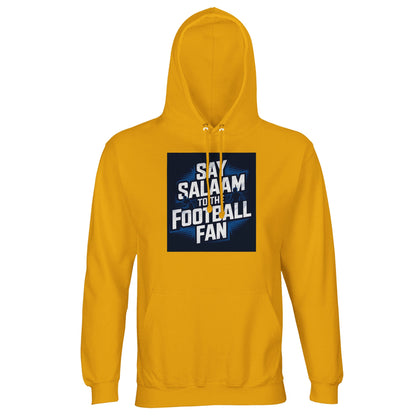 Gold / Gamboge Say Salaam to the Football Fan hoodie for men and women, lightweight cotton-poly fabric with bold football stadium graphic. Designed for modest Muslim wear and everyday adult streetwear, suitable for casual outfits, match days, and relaxed weekends. Offered in unisex sizing XS, Small, Large, XL, to 4XL, 5XL. Ideal for football supporters backing a 5-a-side team or FC, wearing standout colours, buying good price new hoodies, or gifting fans who combine football culture with faith-led style.