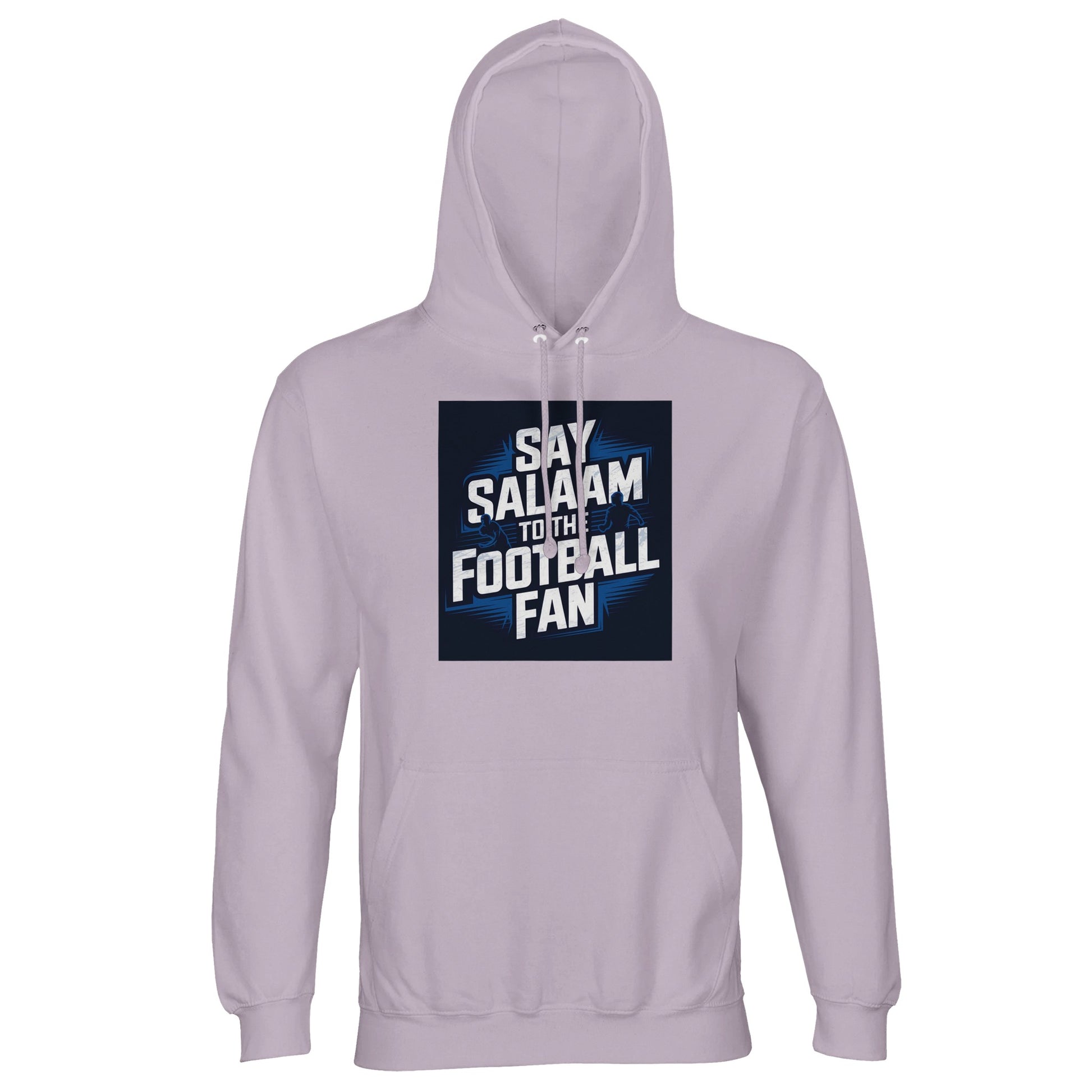 Lilak / Lilac / Wisteria Purple Say Salaam to the Football Fan hoodie for men and women, soft cotton-poly hoodie with bold stadium football artwork. Designed for modest Muslim wear and relaxed adult street style. Unisex sizing XS to 5XL. Suitable for football supporters backing a club or team, choosing alternative colourways, buying affordable fan clothing, or gifting fans who enjoy football culture with a modern aesthetic.