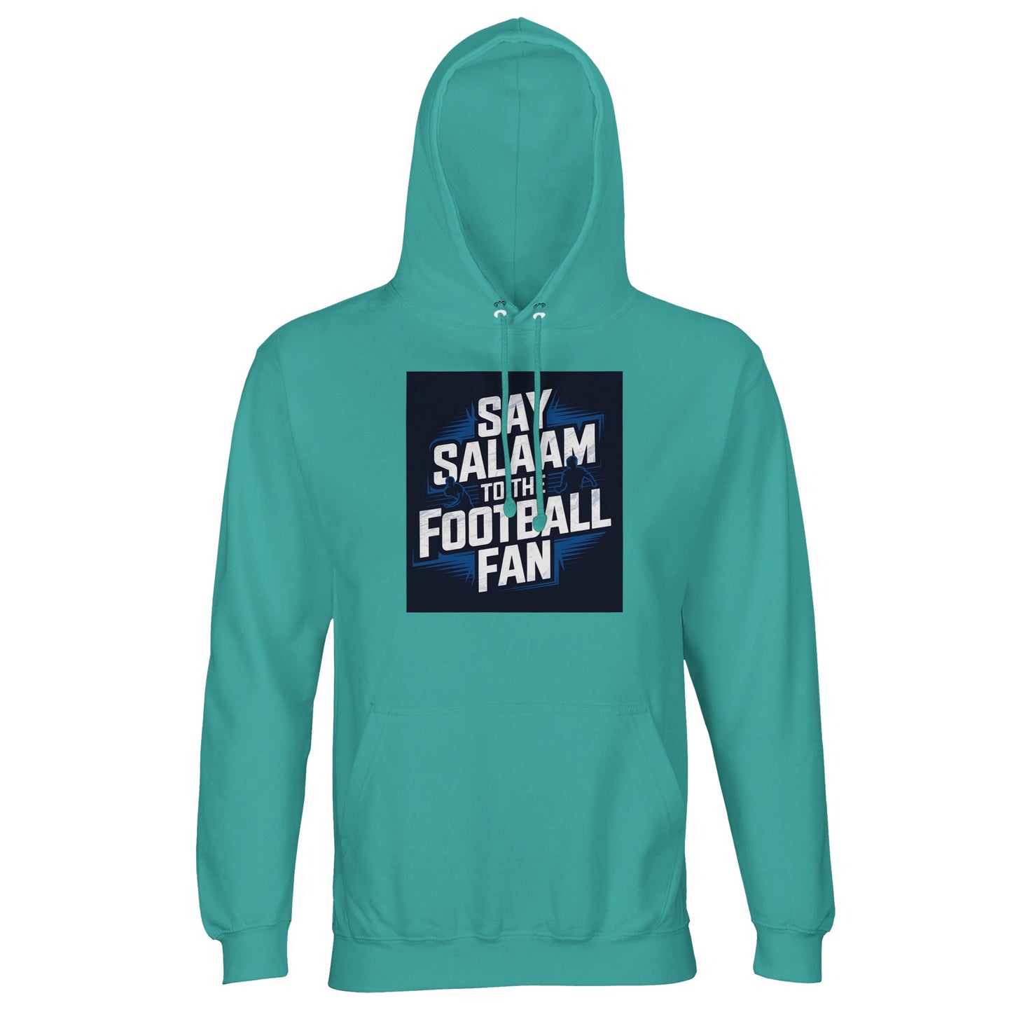 Pool Blue / Light Sea Green Say Salaam to the Football Fan hoodie for men and women, lightweight cotton-poly fabric with clear football stadium graphic. Designed for modest Muslim wear and adult casual fashion. Available in unisex sizes XS to 5XL. Ideal for football fans following teams and FCs, wearing fresh blue-green tones, buying new hoodies at a good price, or gifting supporters who say Salaam through sport and style.