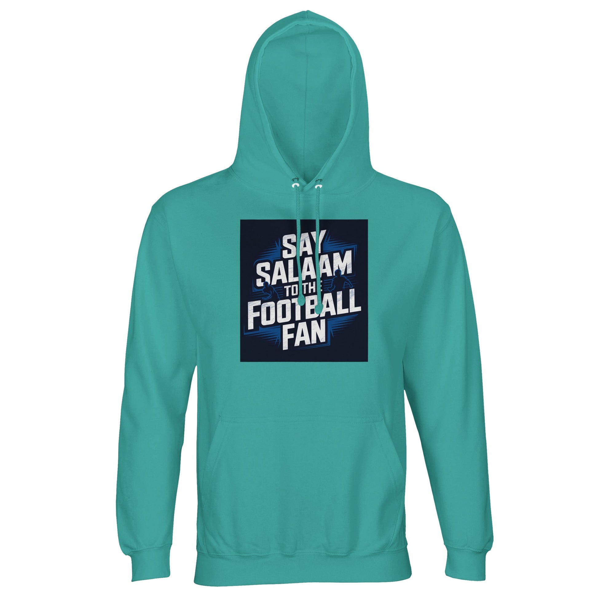 Pool Blue / Light Sea Green Say Salaam to the Football Fan hoodie for men and women, lightweight cotton-poly fabric with clear football stadium graphic. Designed for modest Muslim wear and adult casual fashion. Available in unisex sizes XS to 5XL. Ideal for football fans following teams and FCs, wearing fresh blue-green tones, buying new hoodies at a good price, or gifting supporters who say Salaam through sport and style.