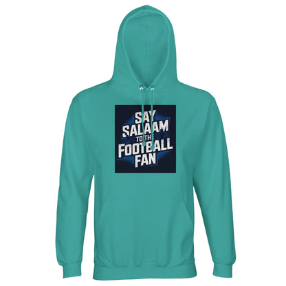 Pool Blue / Light Sea Green Say Salaam to the Football Fan hoodie for men and women, lightweight cotton-poly fabric with clear football stadium graphic. Designed for modest Muslim wear and adult casual fashion. Available in unisex sizes XS to 5XL. Ideal for football fans following teams and FCs, wearing fresh blue-green tones, buying new hoodies at a good price, or gifting supporters who say Salaam through sport and style.