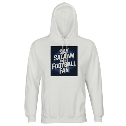 White / Platinum Say Salaam to the Football Fan hoodie for men and women, light cotton-poly fabric with bold stadium football graphic. Designed for Muslim wear and modest street style, suitable for adults sizing XS to 5XL. Ideal for football fans supporting a team or FC, wearing club colours on match day, watching games at home, travelling, buying new fanwear at a good price, or gifting supporters who say Salaam in style across seasons. Popular with supporters shopping online for quality fan hoodies.