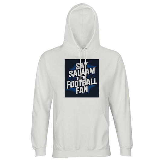 White / Platinum Say Salaam to the Football Fan hoodie for men and women, light cotton-poly fabric with bold stadium football graphic. Designed for Muslim wear and modest street style, suitable for adults sizing XS to 5XL. Ideal for football fans supporting a team or FC, wearing club colours on match day, watching games at home, travelling, buying new fanwear at a good price, or gifting supporters who say Salaam in style across seasons. Popular with supporters shopping online for quality fan hoodies.