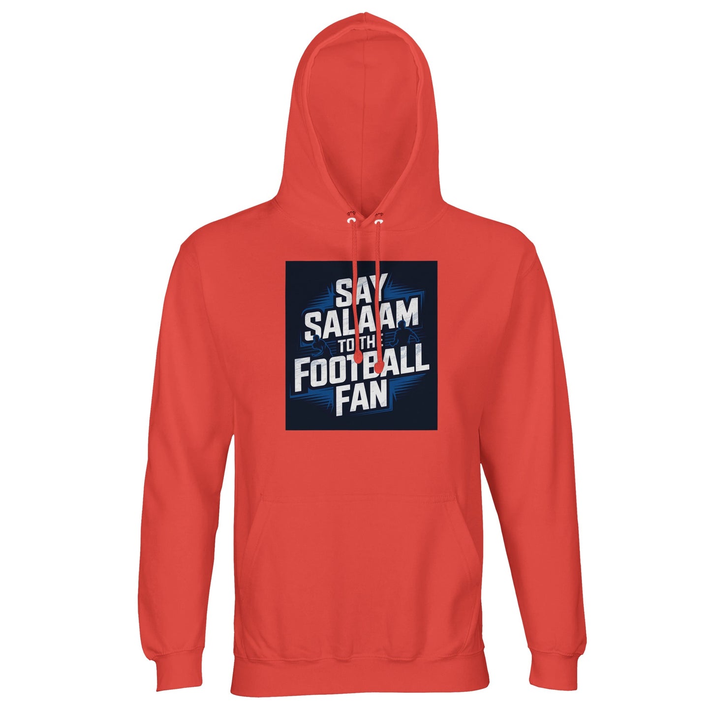 Say Salaam to the Football Fan Design #9 Part-Recycled Unisex Cotton-Poly Hoodie – Pop Orange / Burnt Ochre featuring bold football text inside a sharp match graphic. A modest unisex brushed-fleece hoodie built for fans who study fixtures, follow Premier League and Champions League rhythm, and keep up with every title-race twist. Not the replica kit — this steady, warm layer suits supporters travelling to away matches, watching highlights after prayers, reviewing cup results, comparing line-ups.
