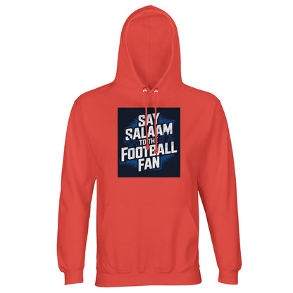 Say Salaam to the Football Fan Design #9 Part-Recycled Unisex Cotton-Poly Hoodie – Pop Orange / Burnt Ochre featuring bold football text inside a sharp match graphic. A modest unisex brushed-fleece hoodie built for fans who study fixtures, follow Premier League and Champions League rhythm, and keep up with every title-race twist. Not the replica kit — this steady, warm layer suits supporters travelling to away matches, watching highlights after prayers, reviewing cup results, comparing line-ups.