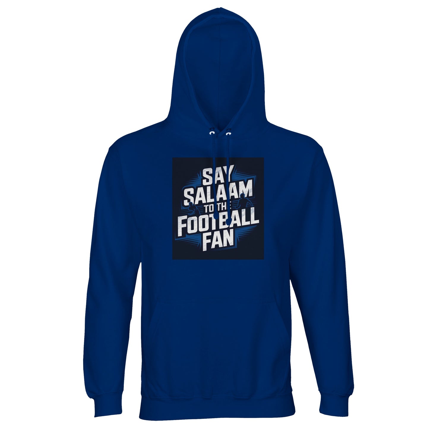 Say Salaam to the Football Fan Design #9 Part-Recycled Unisex Cotton-Poly Hoodie – Royal Blue / Dark Midnight Blue with bold match typography in a focused square. A modest unisex brushed-fleece hoodie for football fans who follow Premier League and Champions League standings, track fixtures and compare tactical roles. Not the replica kit — this warm layer suits supporters heading to five-a-side, watching goal highlights after prayers, studying form tables, tracking cup progression, on every matchday.
