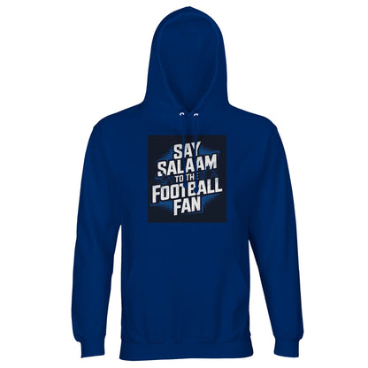 Say Salaam to the Football Fan Design #9 Part-Recycled Unisex Cotton-Poly Hoodie – Royal Blue / Dark Midnight Blue with bold match typography in a focused square. A modest unisex brushed-fleece hoodie for football fans who follow Premier League and Champions League standings, track fixtures and compare tactical roles. Not the replica kit — this warm layer suits supporters heading to five-a-side, watching goal highlights after prayers, studying form tables, tracking cup progression, on every matchday.