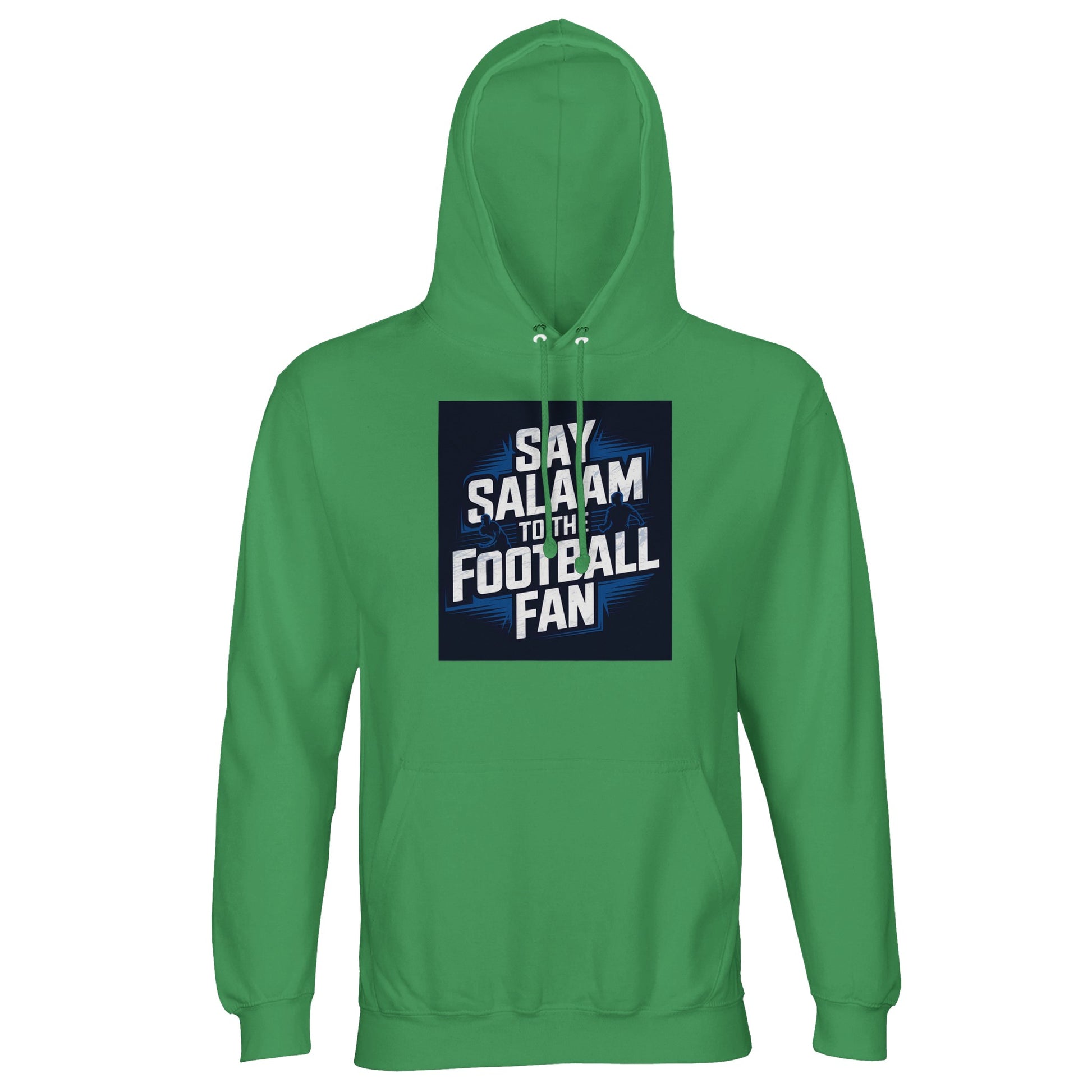 Say Salaam to the Football Fan Design #9 Part-Recycled Unisex Cotton-Poly Hoodie – Spring Green / Sea Green with strong matchday typography in a compact pitch-style frame. A modest, fair-priced, unisex brushed-fleece hoodie for football supporters who track Premier League standings, follow Champions League form, analyse fixtures, and refresh score apps throughout the week. Not the replica kit — this warm, durable design suits fans heading to five-a-side, watching highlights after prayers.