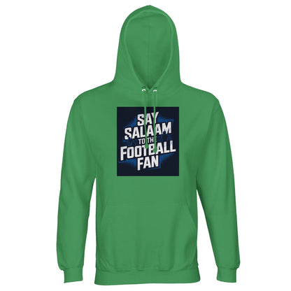 Say Salaam to the Football Fan Design #9 Part-Recycled Unisex Cotton-Poly Hoodie – Spring Green / Sea Green with strong matchday typography in a compact pitch-style frame. A modest, fair-priced, unisex brushed-fleece hoodie for football supporters who track Premier League standings, follow Champions League form, analyse fixtures, and refresh score apps throughout the week. Not the replica kit — this warm, durable design suits fans heading to five-a-side, watching highlights after prayers.