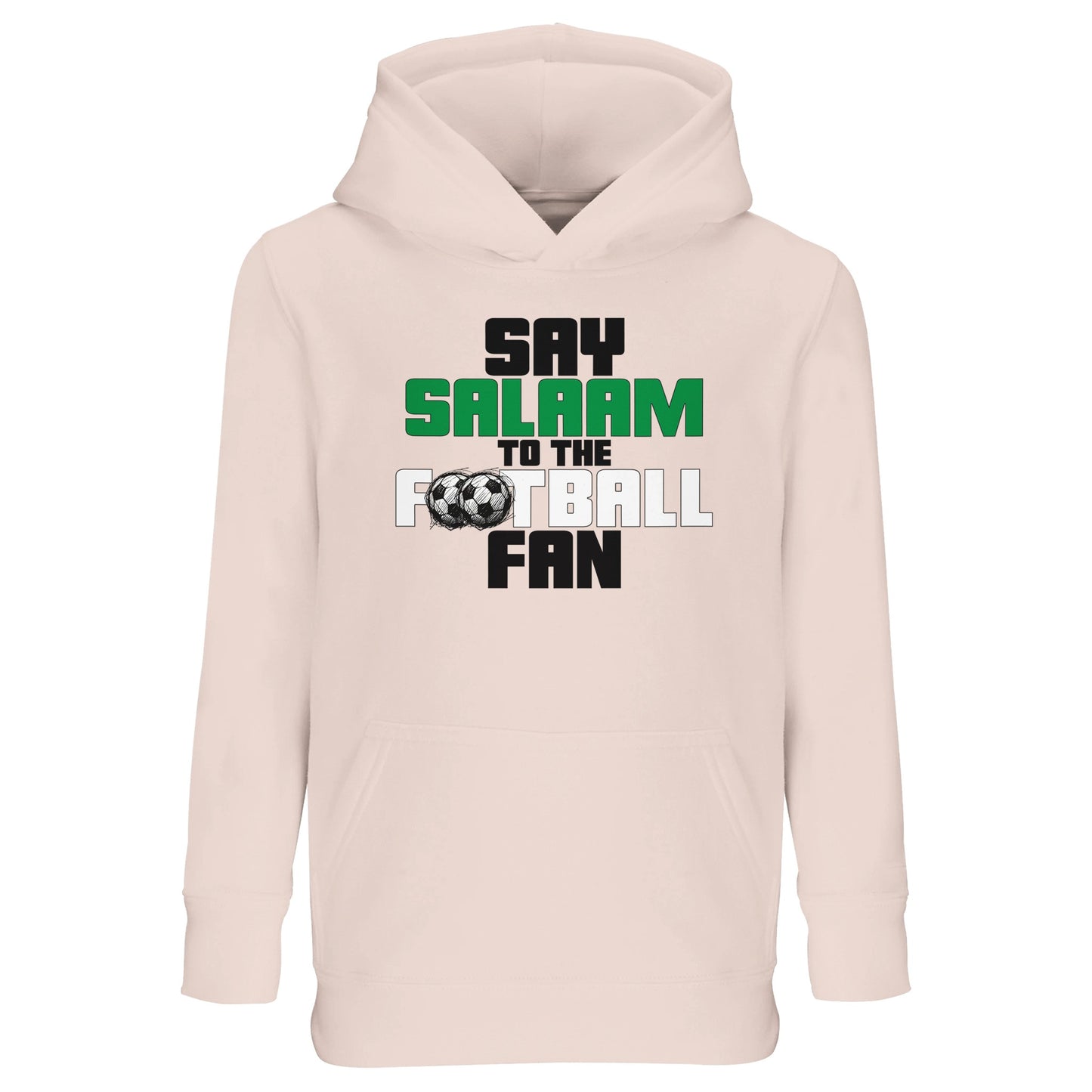 Say Salaam to the Football Fan Original Part-Recycled Cotton-Poly Kids Hoodie – Creamy Pink / Oyster Pink featuring bold, graphic football text in Black, La Salle Green and Classic Matchball Grey. Modest football streetwear for girls, boys or unisex youth who cheer great goals, watch football highlights, or play in the best local academies. Great for football shop gift ideas, this sustainable hoodie is soft, easy fit with matchday energy for young Muslim supporters who salamalaikum before the kick-off.