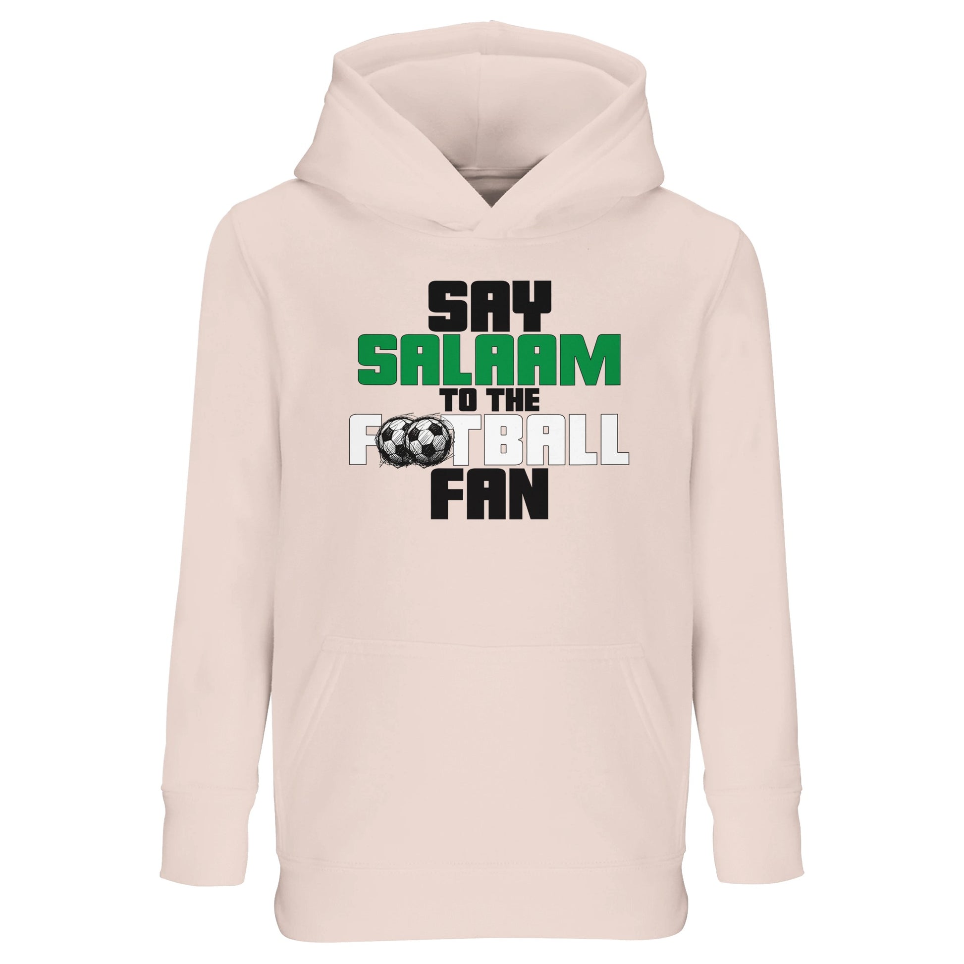 Say Salaam to the Football Fan Original Part-Recycled Cotton-Poly Kids Hoodie – Creamy Pink / Oyster Pink featuring bold, graphic football text in Black, La Salle Green and Classic Matchball Grey. Modest football streetwear for girls, boys or unisex youth who cheer great goals, watch football highlights, or play in the best local academies. Great for football shop gift ideas, this sustainable hoodie is soft, easy fit with matchday energy for young Muslim supporters who salamalaikum before the kick-off.