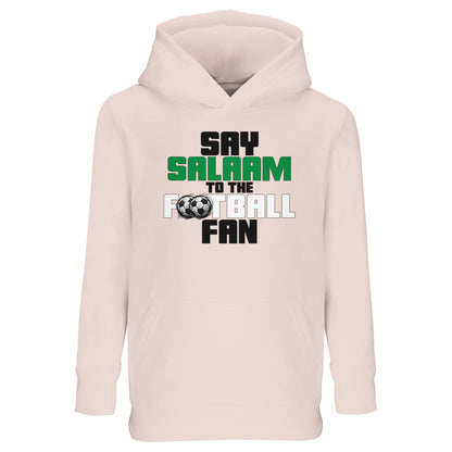 Say Salaam to the Football Fan Original Part-Recycled Cotton-Poly Kids Hoodie – Creamy Pink / Oyster Pink featuring bold, graphic football text in Black, La Salle Green and Classic Matchball Grey. Modest football streetwear for girls, boys or unisex youth who cheer great goals, watch football highlights, or play in the best local academies. Great for football shop gift ideas, this sustainable hoodie is soft, easy fit with matchday energy for young Muslim supporters who salamalaikum before the kick-off.