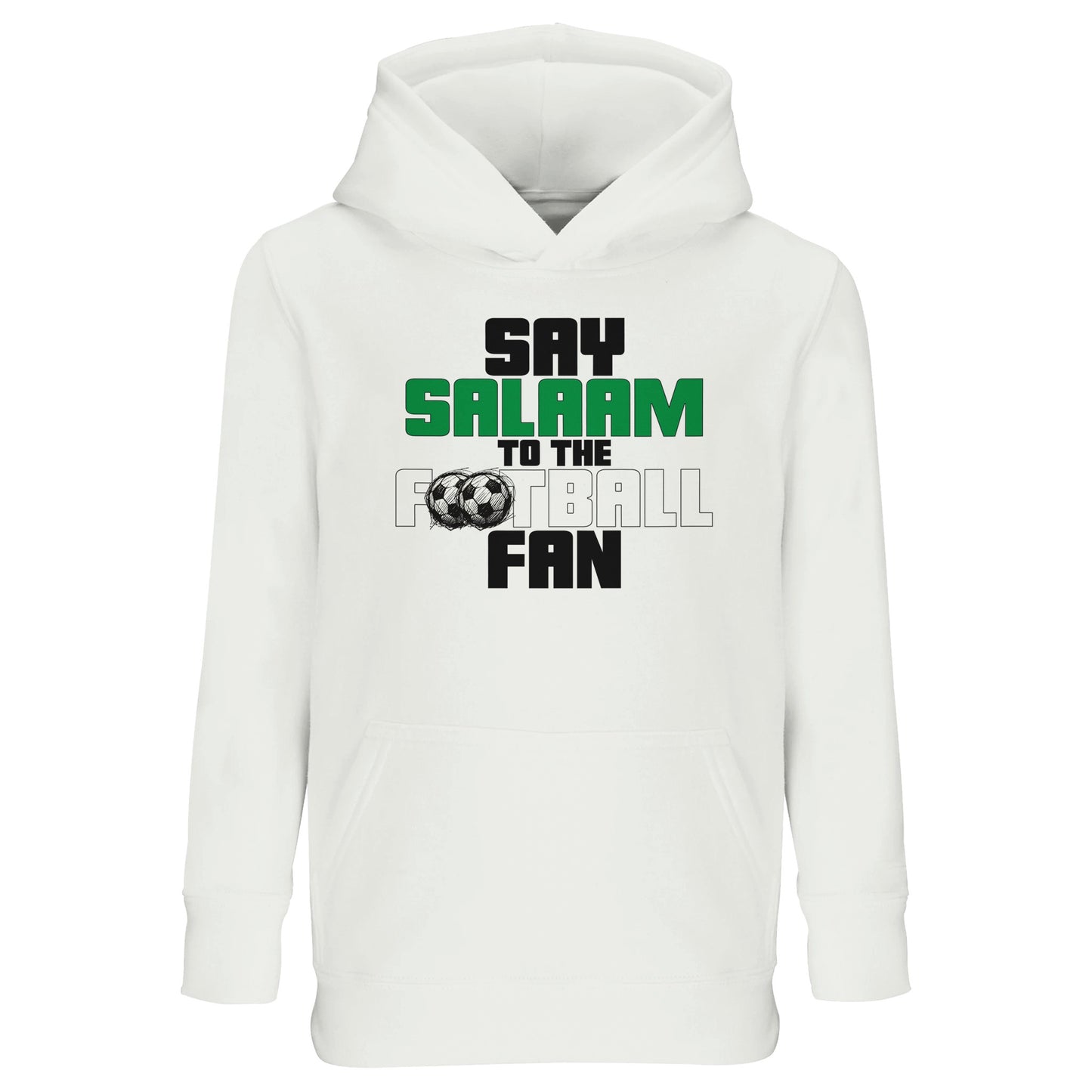 Say Salaam to the Football Fan Original Part-Recycled Cotton-Poly Kids Hoodie – White / Platinum featuring bold, text-based design in Black, La Salle Green and Classic Matchball Grey. A hooded top for boys, girls and unisex children who love football kits, sticker albums, and little kickers academy training. For children and their parents who stream matches, check scores, or wear team colours at the game or in front of the TV. Sustainable, soft cotton-poly pullover for Eid, gift-giving and every day.
