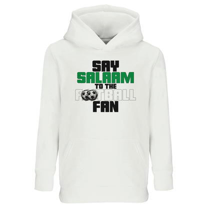 Say Salaam to the Football Fan Original Part-Recycled Cotton-Poly Kids Hoodie – White / Platinum featuring bold, text-based design in Black, La Salle Green and Classic Matchball Grey. A hooded top for boys, girls and unisex children who love football kits, sticker albums, and little kickers academy training. For children and their parents who stream matches, check scores, or wear team colours at the game or in front of the TV. Sustainable, soft cotton-poly pullover for Eid, gift-giving and every day.