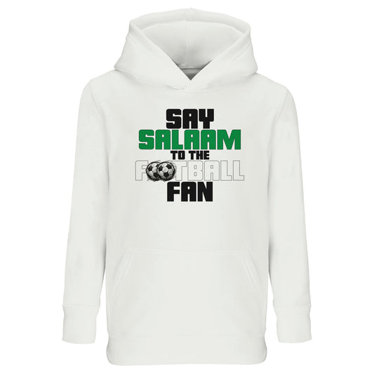 Say Salaam to the Football Fan Original Part-Recycled Cotton-Poly Kids Hoodie – White / Platinum featuring bold, text-based design in Black, La Salle Green and Classic Matchball Grey. A hooded top for boys, girls and unisex children who love football kits, sticker albums, and little kickers academy training. For children and their parents who stream matches, check scores, or wear team colours at the game or in front of the TV. Sustainable, soft cotton-poly pullover for Eid, gift-giving and every day.