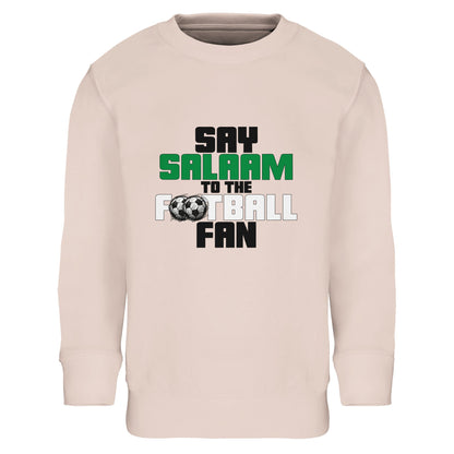 Say Salaam to the Football Fan Original Part-Recycled Cotton-Poly Kids Sweatshirt – Creamy Pink / Oyster Pink featuring bold, text-based design in Black, La Salle Green and Classic Matchball Grey. A modest, cosy jumper for girls, boys or unisex fans into football -whether it’s sticker albums, school tournaments or cheering goals. Made for streaming matches in a stylish sweater, comfy enough for training, and built for sustainable, streetwear-loving teenagers who say Salaam between suhoor and the stadium.