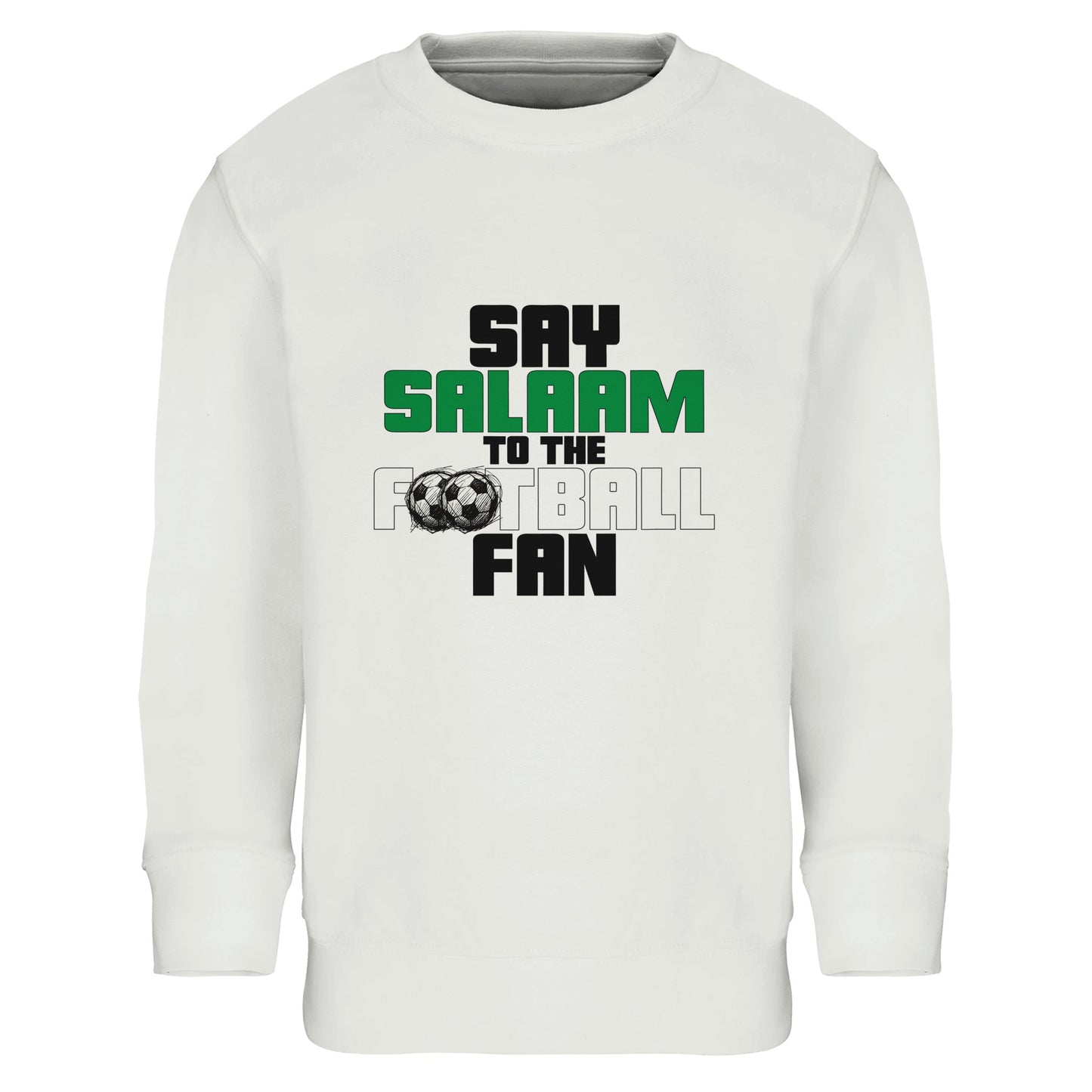 Say Salaam to the Football Fan Original Part-Recycled Cotton-Poly Kids Sweatshirt – White / Platinum featuring bold, text-based design in Black, La Salle Green and Classic Matchball Grey. A modest retro-inspired streetwear jumper for young football lovers streaming highlights, tracking scores, or playing FIFA after salah. Soft, sustainable, non-zipped crewneck for boys and girls into chants, kits, stickers or stadium dreams. Don’t call it soccer, call it a comeback for simple football garments designs.