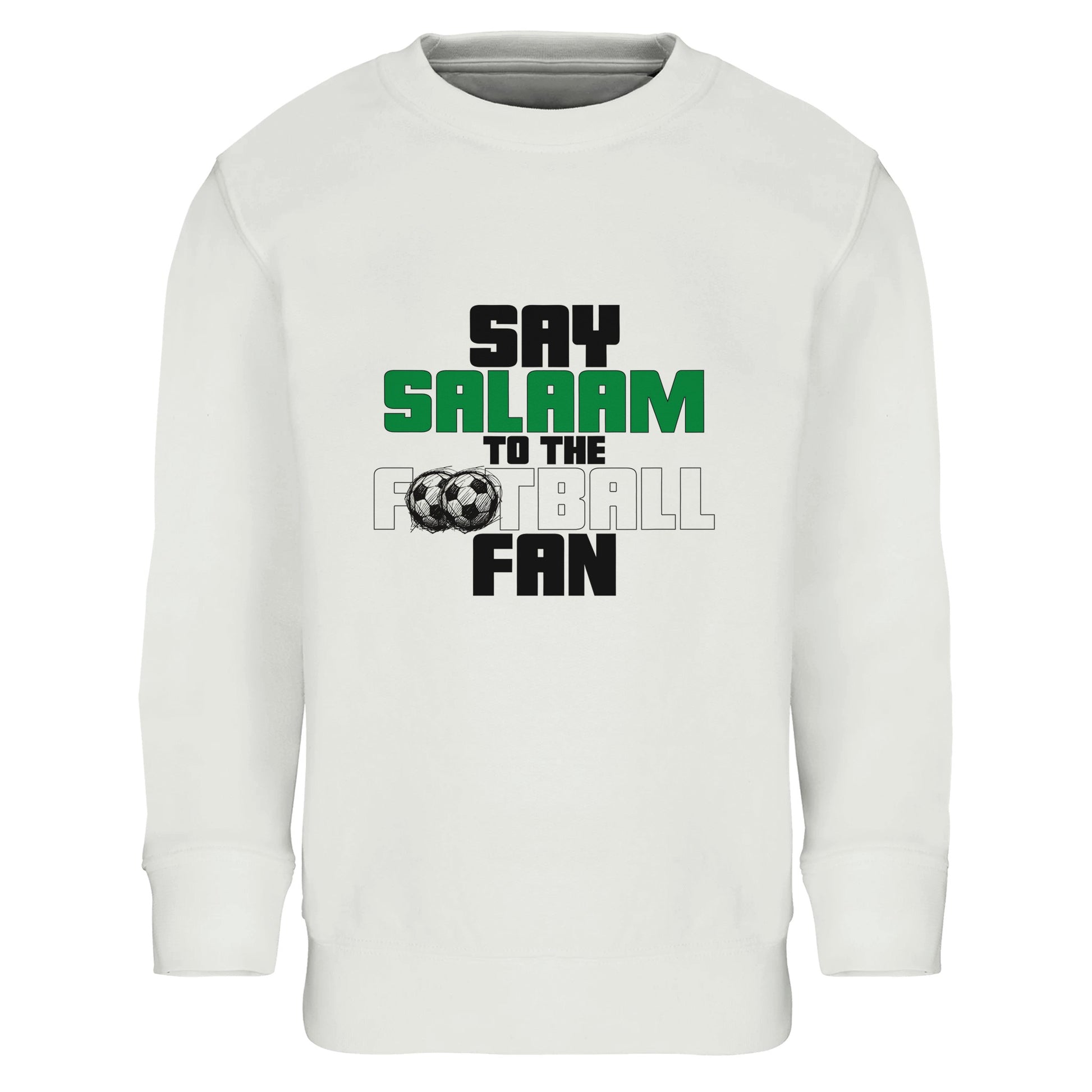 Say Salaam to the Football Fan Original Part-Recycled Cotton-Poly Kids Sweatshirt – White / Platinum featuring bold, text-based design in Black, La Salle Green and Classic Matchball Grey. A modest retro-inspired streetwear jumper for young football lovers streaming highlights, tracking scores, or playing FIFA after salah. Soft, sustainable, non-zipped crewneck for boys and girls into chants, kits, stickers or stadium dreams. Don’t call it soccer, call it a comeback for simple football garments designs.