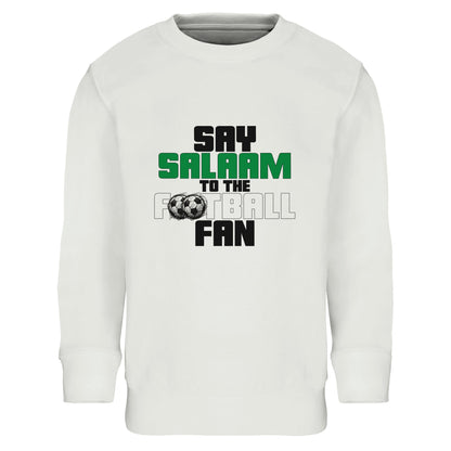 Say Salaam to the Football Fan Original Part-Recycled Cotton-Poly Kids Sweatshirt – White / Platinum featuring bold, text-based design in Black, La Salle Green and Classic Matchball Grey. A modest retro-inspired streetwear jumper for young football lovers streaming highlights, tracking scores, or playing FIFA after salah. Soft, sustainable, non-zipped crewneck for boys and girls into chants, kits, stickers or stadium dreams. Don’t call it soccer, call it a comeback for simple football garments designs.