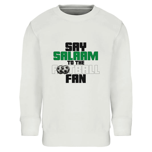 Say Salaam to the Football Fan Original Part-Recycled Cotton-Poly Kids Sweatshirt – White / Platinum featuring bold, text-based design in Black, La Salle Green and Classic Matchball Grey. A modest retro-inspired streetwear jumper for young football lovers streaming highlights, tracking scores, or playing FIFA after salah. Soft, sustainable, non-zipped crewneck for boys and girls into chants, kits, stickers or stadium dreams. Don’t call it soccer, call it a comeback for simple football garments designs.