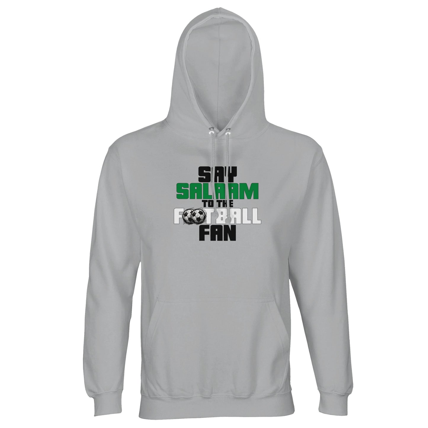 Say Salaam to the Football Fan Original Part-Recycled Unisex Hoodie – Ash / Silver Chalice featuring bold, text-based design in Black, La Salle Green and White with sketched balls. This sweatshirt blends form, faith and footie – for those who follow Liverpool, Chelsea, Celtic, Arsenal or NUFC, or cheer Brazil, Argentina, Scotland and England. Jumper with hood, mens hoodie, sweats or soccer top – perfect for between suhoor and the stadium. It’s the game Cristiano Ronaldo plays and the match you stream.