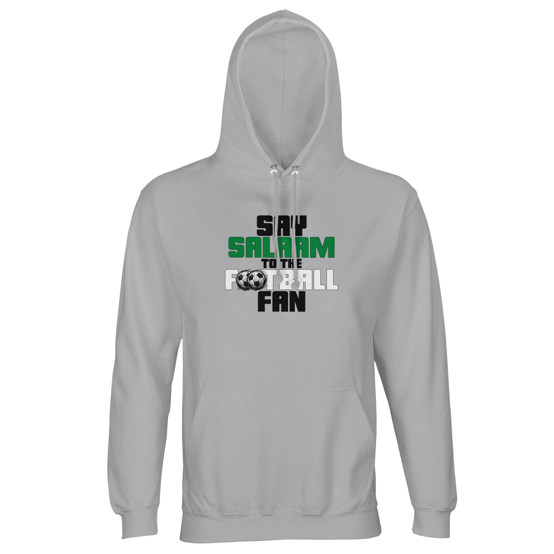 Say Salaam to the Football Fan Original Part-Recycled Unisex Hoodie – Ash / Silver Chalice featuring bold, text-based design in Black, La Salle Green and White with sketched balls. This sweatshirt blends form, faith and footie – for those who follow Liverpool, Chelsea, Celtic, Arsenal or NUFC, or cheer Brazil, Argentina, Scotland and England. Jumper with hood, mens hoodie, sweats or soccer top – perfect for between suhoor and the stadium. It’s the game Cristiano Ronaldo plays and the match you stream.